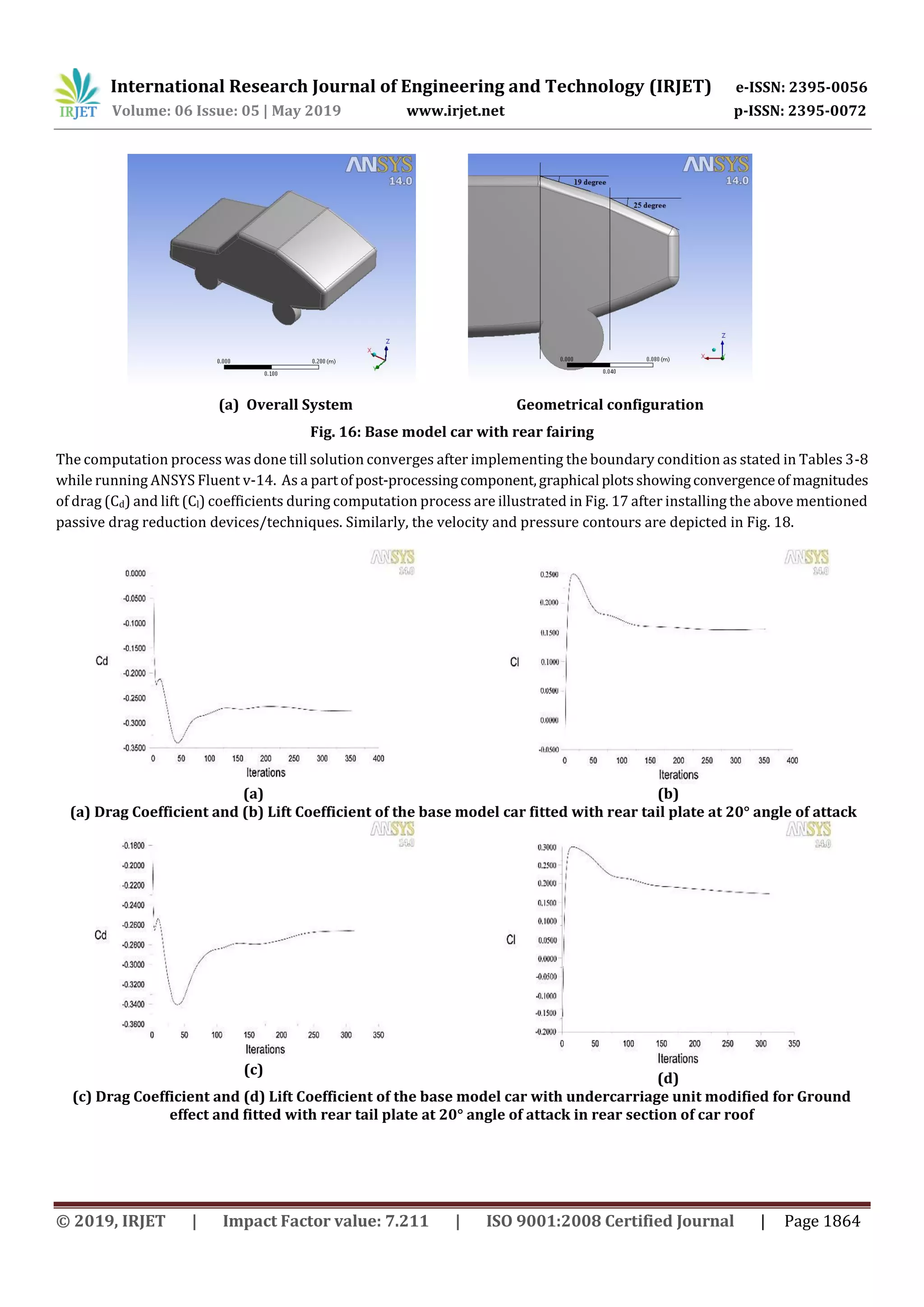 International Research Journal of Engineering and Technology (IRJET) e-ISSN: 2395-0056
Volume: 06 Issue: 05 | May 2019 www.irjet.net p-ISSN: 2395-0072
© 2019, IRJET | Impact Factor value: 7.211 | ISO 9001:2008 Certified Journal | Page 1864
(a) Overall System Geometrical configuration
Fig. 16: Base model car with rear fairing
The computation process was done till solution converges after implementing the boundary condition as stated in Tables 3-8
while running ANSYS Fluent v-14. As a partofpost-processingcomponent,graphical plotsshowingconvergenceof magnitudes
of drag (Cd) and lift (Cl) coefficients during computation process are illustrated in Fig. 17 after installing the above mentioned
passive drag reduction devices/techniques. Similarly, the velocity and pressure contours are depicted in Fig. 18.
(a) (b)
(a) Drag Coefficient and (b) Lift Coefficient of the base model car fitted with rear tail plate at 20° angle of attack
(c)
(d)
(c) Drag Coefficient and (d) Lift Coefficient of the base model car with undercarriage unit modified for Ground
effect and fitted with rear tail plate at 20° angle of attack in rear section of car roof
 