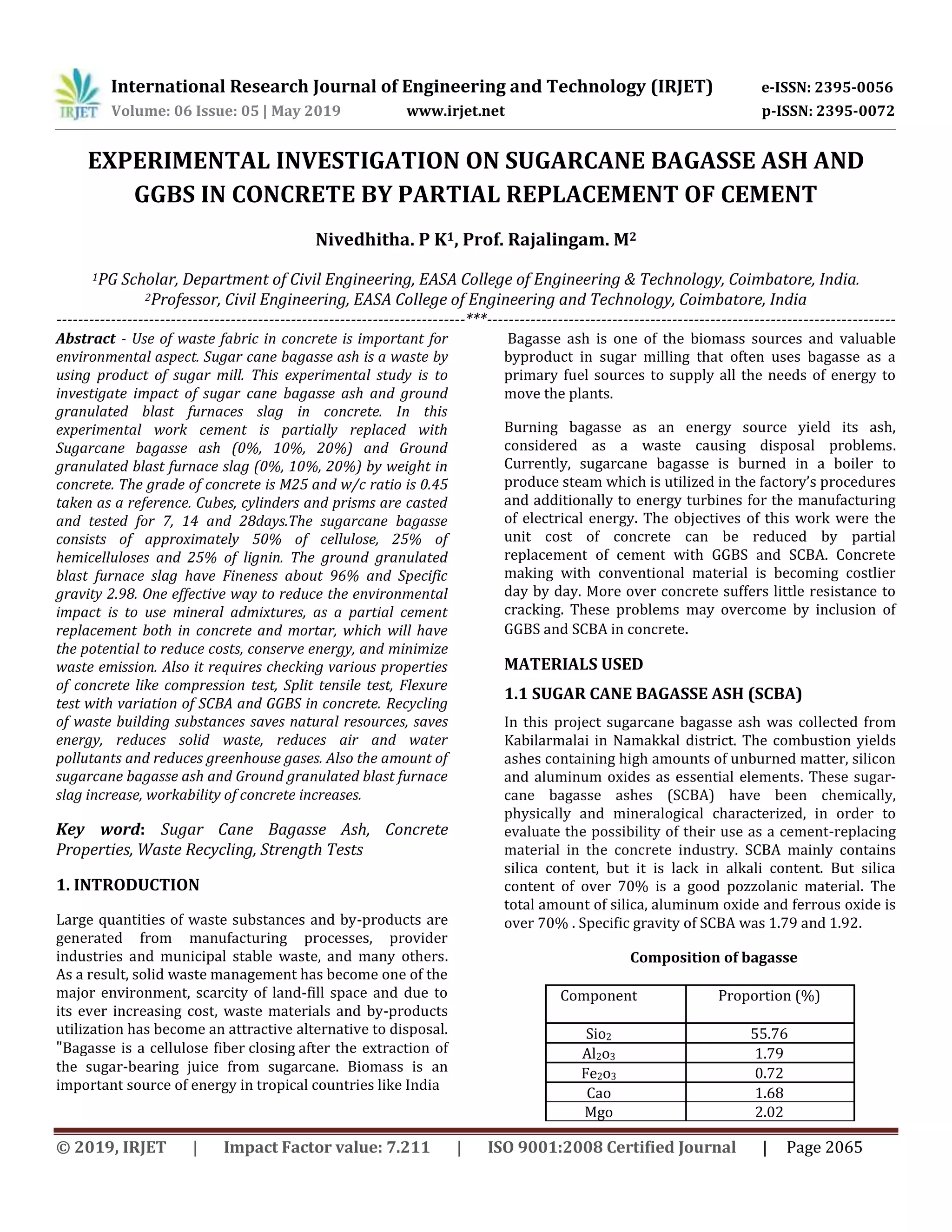 IRJET- Experimental Investigation on Sugarcane Bagasse Ash and GGBS in ...