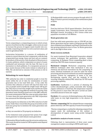 International Research Journal of Engineering and Technology (IRJET) e-ISSN: 2395-0056
Volume: 06 Issue: 04 | Apr 2019 www.irjet.net p-ISSN: 2395-0072
© 2019, IRJET | Impact Factor value: 7.211 | ISO 9001:2008 Certified Journal | Page 215
Vermi composting is a composting process in which certain
species of earthworms like red wiggler, whitewormareused
to increase the process of organic waste transfer into eco-
friendlycomposting material. It is rich in nutrient values and
used in agricultural field.
Incineration- Incineration is a process of combustion of
wastes to convert them into base components, with the help
of generated heat energy. Gases and inert ash are common
by-products of this process. Only drawback of this process is
it creates pollution, which is dependent on nature of waste
combusted and incinerator into the heat. We have to set
barometers to check pollution. It is inexpensive process to
burn wastes because of this waste volume is reduced up to
90%. The ash derived as outcome of this process is rich in
nutrient.
Methodology for waste disposal
TMC authority has order to residential people to treat the
waste within the set of rules for minimization of waste
generation due to less land field area . It has order the
societies that collection of waste will stop from their local
area so people need to handle the weight waste 100 kg per
day. They have to treat it the weight waste and the dry waste
will be recycled by using different method of recycling. Only
hazardous waste should be hand over to the DMC authority.
For wasteminimization TMChas comeup with unique ideas.
To lower down the waste generation rate TMC Corporation
has announced the following rewards.
1) 5% property tax deduction on the 50% reduction of solid
waste. Under these reward Idea the group of societiesarethe
local area group has to minimise the waste generation rate
upto 50 %
so they can awarded as 5% property tax deduction
2) For Industrial waste proposed find system from single
waste generator to multi domain waste generation
3) Biomedical Wastehandleasperthesetnormsandprocess.
This wasteshould be treated at CSM hospitalswastedisposal
plant at Kalwa
4) Biodegradable waste process propose through which 15
Mega 10 waste is process everyday at bio-methanation plant
at Kalwa
PUNE
Pune has total area 156.42 square kilometre . Pune has two
Supply Corporation, three Cantonment boards and seven
Municipal councils. According to 2011 Census urban area
population recorded as 5.05 Millions.
Waste generation rate
Pune has solid waste generation rate as 1350 MT per day.
Waste generation rateper capita is 364 gramsperday.Other
than residentialareaHadapsarandPimpriChinchwadarethe
fast growing industrial areas in Pune. So Waste generation
rate is also high in these areas.
Waste recovery methods
For waste treatment Pune Municipal Corporation adopted
various techniques like gasification, pyrolysis, vermin
composting. At Hadapsar Vermi composting plant is there
which has 300 TPD waste treatment capacity.
Mechanical Compost Mechanical composting involve
Different techniques other than mechanical it also use
chemical and electrical innovations for the composting of
waste. Chemical treatments are used for order list waste
processingand electrical treatmentsareusedforsegregation
purpose. Criteria for segregation of waste is by size,
decomposing capacity wise, and the methods of its
recycling. Using this method PMC which has 50 TPD waste
processing capability.
Gasification –Gasification is a process of obtaining the
carbon dioxide,hydrogen ,carbon monoxide after heating
organic substances or fossil fuel .The temperature required
for this process is more than 700 and it carried out under
controlled amount of stem and oxygen.
Pyrolysis –It is a process of obtaining biomass after heating
solid waste on very high temperature in the absence of
oxygen.
Thermo- composting PMChasadoptedthermo-composting
plants which has 100 TPD capacity of waste Processing Unit
Thermo-composting is a methodforobtainingcompostfrom
organic waste the methodology of this method is
decomposition of organic waste using aerobic biological
control
Quantitative analysis of waste recovery
Following chart is representation of three years waste
management analysis according to MPCB audit report
 