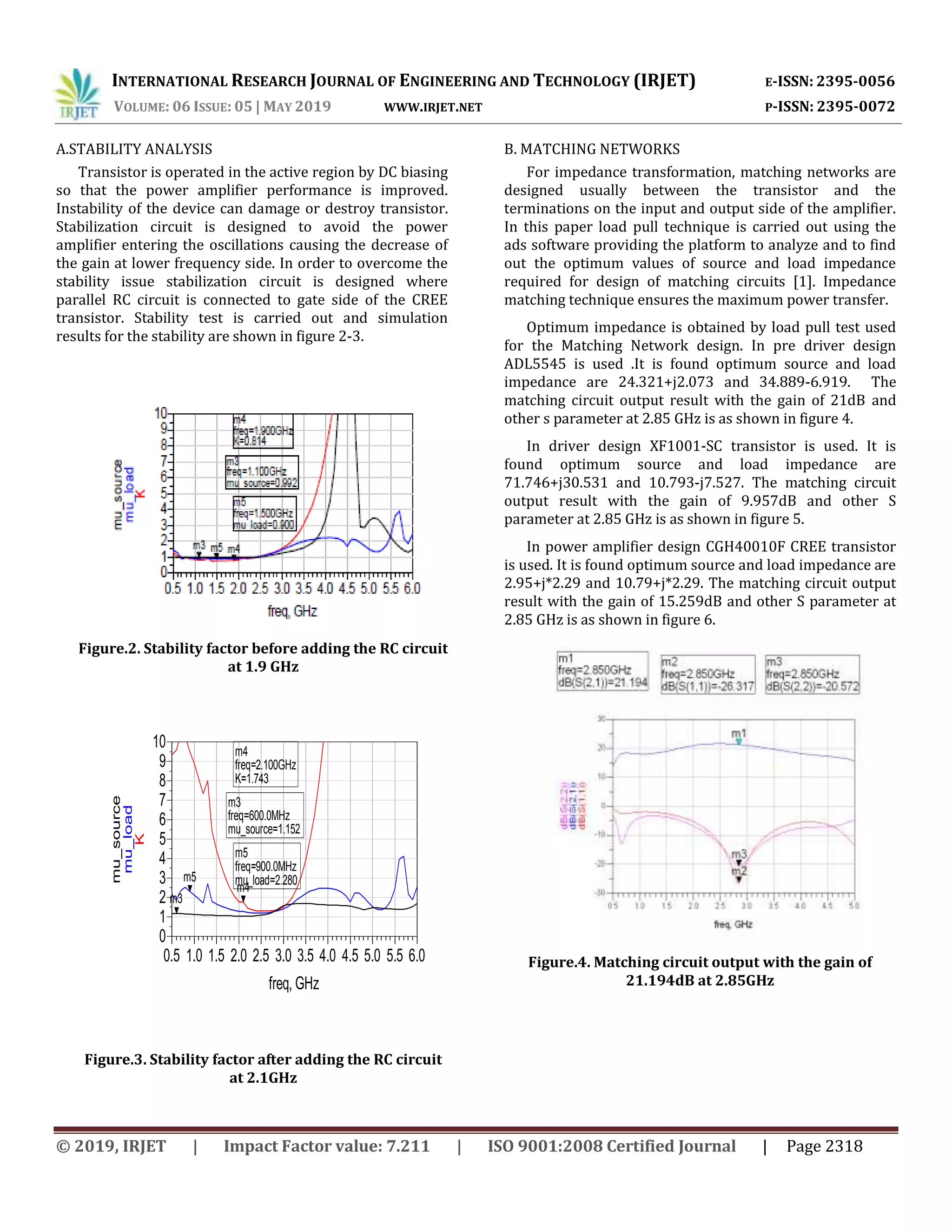 INTERNATIONAL RESEARCH JOURNAL OF ENGINEERING AND TECHNOLOGY (IRJET) E-ISSN: 2395-0056
VOLUME: 06 ISSUE: 05 | MAY 2019 WWW.IRJET.NET P-ISSN: 2395-0072
© 2019, IRJET | Impact Factor value: 7.211 | ISO 9001:2008 Certified Journal | Page 2318
A.STABILITY ANALYSIS
Transistor is operated in the active region by DC biasing
so that the power amplifier performance is improved.
Instability of the device can damage or destroy transistor.
Stabilization circuit is designed to avoid the power
amplifier entering the oscillations causing the decrease of
the gain at lower frequency side. In order to overcome the
stability issue stabilization circuit is designed where
parallel RC circuit is connected to gate side of the CREE
transistor. Stability test is carried out and simulation
results for the stability are shown in figure 2-3.
Figure.2. Stability factor before adding the RC circuit
at 1.9 GHz
Figure.3. Stability factor after adding the RC circuit
at 2.1GHz
B. MATCHING NETWORKS
For impedance transformation, matching networks are
designed usually between the transistor and the
terminations on the input and output side of the amplifier.
In this paper load pull technique is carried out using the
ads software providing the platform to analyze and to find
out the optimum values of source and load impedance
required for design of matching circuits [1]. Impedance
matching technique ensures the maximum power transfer.
Optimum impedance is obtained by load pull test used
for the Matching Network design. In pre driver design
ADL5545 is used .It is found optimum source and load
impedance are 24.321+j2.073 and 34.889-6.919. The
matching circuit output result with the gain of 21dB and
other s parameter at 2.85 GHz is as shown in figure 4.
In driver design XF1001-SC transistor is used. It is
found optimum source and load impedance are
71.746+j30.531 and 10.793-j7.527. The matching circuit
output result with the gain of 9.957dB and other S
parameter at 2.85 GHz is as shown in figure 5.
In power amplifier design CGH40010F CREE transistor
is used. It is found optimum source and load impedance are
2.95+j*2.29 and 10.79+j*2.29. The matching circuit output
result with the gain of 15.259dB and other S parameter at
2.85 GHz is as shown in figure 6.
Figure.4. Matching circuit output with the gain of
21.194dB at 2.85GHz
1.0 1.5 2.0 2.5 3.0 3.5 4.0 4.5 5.0 5.50.5 6.0
1
2
3
4
5
6
7
8
9
0
10
freq, GHz
K
m4
mu_load
m5
mu_source
m3
m4
freq=
K=1.743
2.100GHz
m5
freq=
mu_load=2.280
900.0MHz
m3
freq=
mu_source=1.152
600.0MHz
 