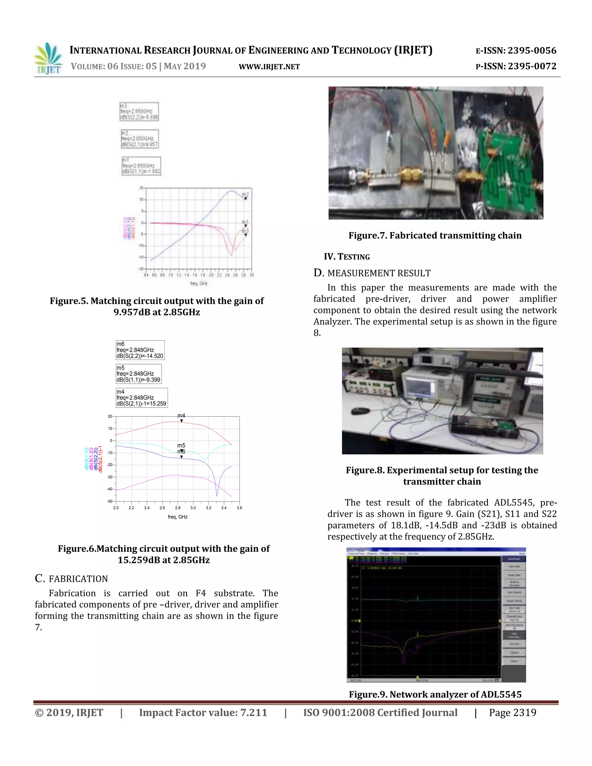 INTERNATIONAL RESEARCH JOURNAL OF ENGINEERING AND TECHNOLOGY (IRJET) E-ISSN: 2395-0056
VOLUME: 06 ISSUE: 05 | MAY 2019 WWW.IRJET.NET P-ISSN: 2395-0072
© 2019, IRJET | Impact Factor value: 7.211 | ISO 9001:2008 Certified Journal | Page 2319
Figure.5. Matching circuit output with the gain of
9.957dB at 2.85GHz
Figure.6.Matching circuit output with the gain of
15.259dB at 2.85GHz
FABRICATIONC.
Fabrication is carried out on F4 substrate. The
fabricated components of pre –driver, driver and amplifier
forming the transmitting chain are as shown in the figure
7.
Figure.7. Fabricated transmitting chain
IV. TESTING
MEASUREMENT RESULTD.
In this paper the measurements are made with the
fabricated pre-driver, driver and power amplifier
component to obtain the desired result using the network
Analyzer. The experimental setup is as shown in the figure
8.
Figure.8. Experimental setup for testing the
transmitter chain
The test result of the fabricated ADL5545, pre-
driver is as shown in figure 9. Gain (S21), S11 and S22
parameters of 18.1dB, -14.5dB and -23dB is obtained
respectively at the frequency of 2.85GHz.
Figure.9. Network analyzer of ADL5545
2.2 2.4 2.6 2.8 3.0 3.2 3.42.0 3.6
-40
-30
-20
-10
0
10
-50
20
freq, GHz
dB(S(2,1))-1
m4
dB(S(2,2))
m6
dB(S(1,2))
dB(S(1,1))
m5
m4
freq=
dB(S(2,1))-1=15.259
2.848GHz
m6
freq=
dB(S(2,2))=-14.520
2.848GHz
m5
freq=
dB(S(1,1))=-9.399
2.848GHz
 