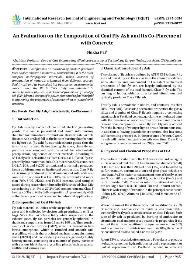 Irjet An Evaluation On The Composition Of Coal Fly Ash And Its Co Pl