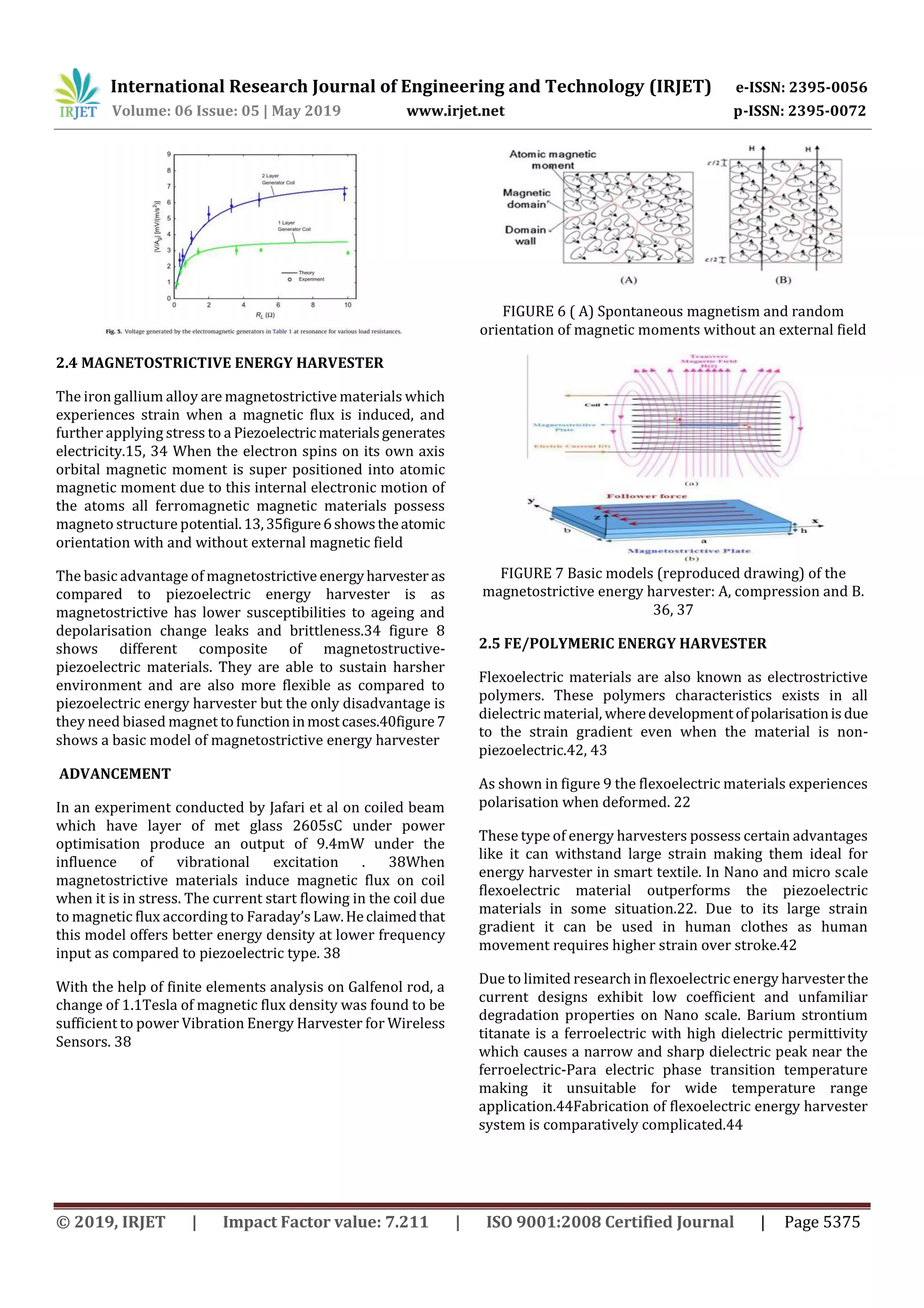 International Research Journal of Engineering and Technology (IRJET) e-ISSN: 2395-0056
Volume: 06 Issue: 05 | May 2019 www.irjet.net p-ISSN: 2395-0072
© 2019, IRJET | Impact Factor value: 7.211 | ISO 9001:2008 Certified Journal | Page 5375
2.4 MAGNETOSTRICTIVE ENERGY HARVESTER
The iron gallium alloy are magnetostrictive materials which
experiences strain when a magnetic flux is induced, and
further applying stress to a Piezoelectric materialsgenerates
electricity.15, 34 When the electron spins on its own axis
orbital magnetic moment is super positioned into atomic
magnetic moment due to this internal electronic motion of
the atoms all ferromagnetic magnetic materials possess
magneto structure potential.13,35figure6showstheatomic
orientation with and without external magnetic field
The basic advantage of magnetostrictive energyharvester as
compared to piezoelectric energy harvester is as
magnetostrictive has lower susceptibilities to ageing and
depolarisation change leaks and brittleness.34 figure 8
shows different composite of magnetostructive-
piezoelectric materials. They are able to sustain harsher
environment and are also more flexible as compared to
piezoelectric energy harvester but the only disadvantage is
they need biased magnet tofunctioninmostcases.40figure7
shows a basic model of magnetostrictive energy harvester
ADVANCEMENT
In an experiment conducted by Jafari et al on coiled beam
which have layer of met glass 2605sC under power
optimisation produce an output of 9.4mW under the
influence of vibrational excitation . 38When
magnetostrictive materials induce magnetic flux on coil
when it is in stress. The current start flowing in the coil due
to magnetic flux according to Faraday’s Law.Heclaimedthat
this model offers better energy density at lower frequency
input as compared to piezoelectric type. 38
With the help of finite elements analysis on Galfenol rod, a
change of 1.1Tesla of magnetic flux density was found to be
sufficient to power Vibration Energy Harvester for Wireless
Sensors. 38
FIGURE 6 ( A) Spontaneous magnetism and random
orientation of magnetic moments without an external field
FIGURE 7 Basic models (reproduced drawing) of the
magnetostrictive energy harvester: A, compression and B.
36, 37
2.5 FE/POLYMERIC ENERGY HARVESTER
Flexoelectric materials are also known as electrostrictive
polymers. These polymers characteristics exists in all
dielectric material, wheredevelopmentofpolarisationisdue
to the strain gradient even when the material is non-
piezoelectric.42, 43
As shown in figure 9 the flexoelectric materials experiences
polarisation when deformed. 22
These type of energy harvesters possess certain advantages
like it can withstand large strain making them ideal for
energy harvester in smart textile. In Nano and micro scale
flexoelectric material outperforms the piezoelectric
materials in some situation.22. Due to its large strain
gradient it can be used in human clothes as human
movement requires higher strain over stroke.42
Due to limited research in flexoelectric energy harvesterthe
current designs exhibit low coefficient and unfamiliar
degradation properties on Nano scale. Barium strontium
titanate is a ferroelectric with high dielectric permittivity
which causes a narrow and sharp dielectric peak near the
ferroelectric-Para electric phase transition temperature
making it unsuitable for wide temperature range
application.44Fabrication of flexoelectric energy harvester
system is comparatively complicated.44
 