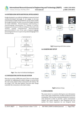 International Research Journal of Engineering and Technology (IRJET) e-ISSN: 2395-0056
Volume: 06 Issue: 05| May 2019 www.irjet.net p-ISSN: 2395-0072
© 2019, IRJET | Impact Factor value: 7.211 | ISO 9001:2008 Certified Journal | Page 5762
4.4 INTERFACINGWITHARTIFICIALINTELLIGENCE
Google Assistant is an artificial intelligence-powered virtual
assistant developed by Google. It can engage in two-way
conversations. Google Cloud Platform can be used to enable
the Google Assistant. In order to access the Google Assistant
we need credentials . Natural-language understanding or
natural-language interpretation is a subtopic of natural-
language processing in artificial intelligence that deals with
machine reading comprehension. Natural-language
generation (NLG) is one of the tasks of natural language
processing that focuses on generating naturallanguage from
structured data.
Fig6. Flow chart of Artificial Intelligence
4.5 INTEGRATING WITH SOLAR SYSTEM
Here we are using a 100W solar panel. Thereisasolarcharge
controller for regulating the output voltage or current from
the solar panel, which is then connected to the battery. We
are using a 12V, 7Ah solar battery. From the solar charge
controller the connection to the load is taken.
Fig7.Integrating with Solar system
4.6 HARDWARE SETUP
Fig8.Hardware Setup
5. CONCLUSIONS
The smart mirror is a system which gives user information
such as date, time, temperature, weather prediction for the
coming days. This two way communicating mirror systemis
solar powered in order to provide a green environment
campus. Our notice calendar is also integrated into our
system. For future expansion we can integrate home
 