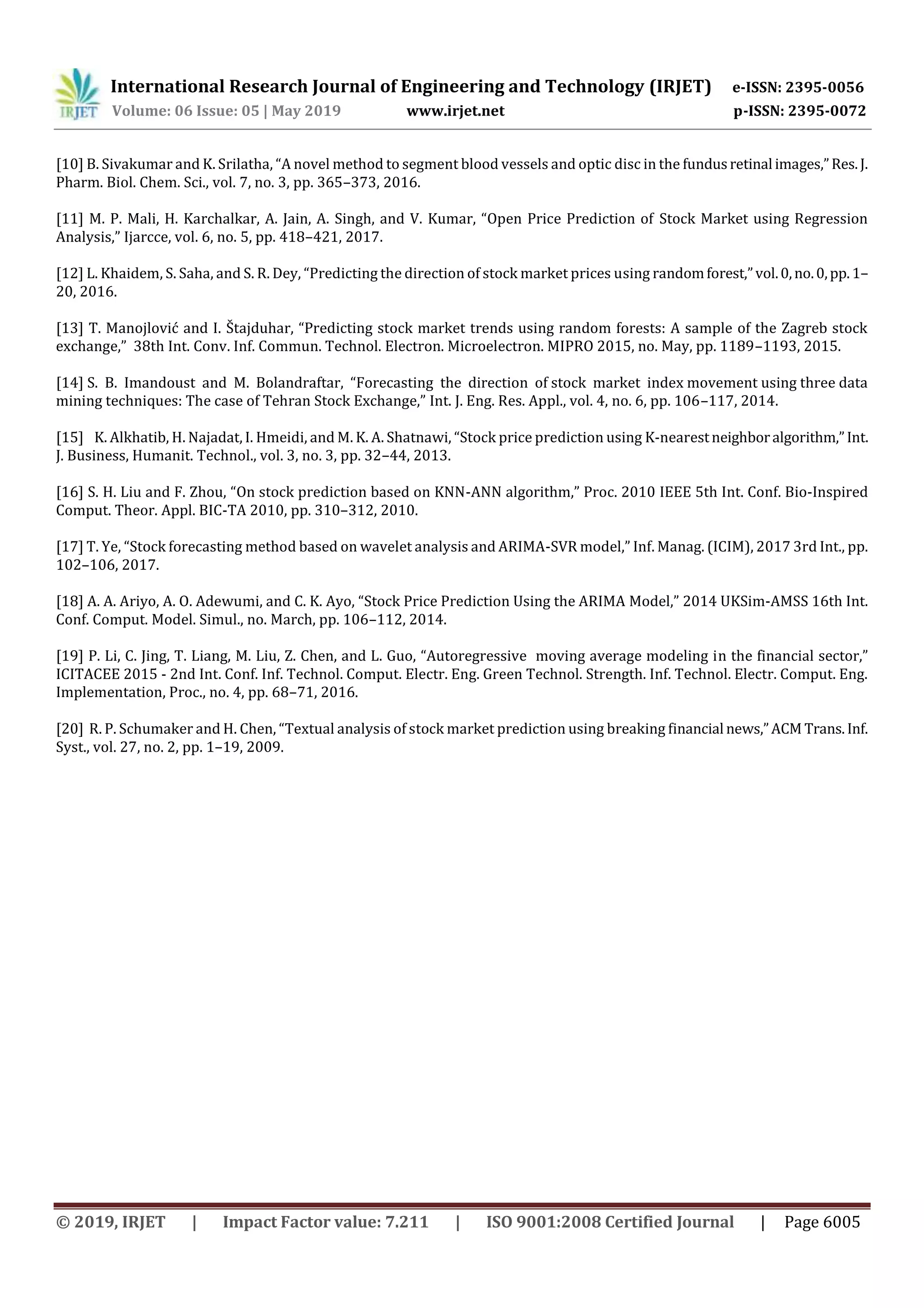 International Research Journal of Engineering and Technology (IRJET) e-ISSN: 2395-0056
Volume: 06 Issue: 05 | May 2019 www.irjet.net p-ISSN: 2395-0072
© 2019, IRJET | Impact Factor value: 7.211 | ISO 9001:2008 Certified Journal | Page 6005
[10] B. Sivakumar and K. Srilatha, “A novel method to segment blood vessels and optic disc in the fundusretinal images,”Res.J.
Pharm. Biol. Chem. Sci., vol. 7, no. 3, pp. 365–373, 2016.
[11] M. P. Mali, H. Karchalkar, A. Jain, A. Singh, and V. Kumar, “Open Price Prediction of Stock Market using Regression
Analysis,” Ijarcce, vol. 6, no. 5, pp. 418–421, 2017.
[12] L. Khaidem, S. Saha, and S. R. Dey, “Predicting the direction of stock market prices using randomforest,”vol.0,no.0,pp.1–
20, 2016.
[13] T. Manojlović and I. Štajduhar, “Predicting stock market trends using random forests: A sample of the Zagreb stock
exchange,” 38th Int. Conv. Inf. Commun. Technol. Electron. Microelectron. MIPRO 2015, no. May, pp. 1189–1193, 2015.
[14] S. B. Imandoust and M. Bolandraftar, “Forecasting the direction of stock market index movement using three data
mining techniques: The case of Tehran Stock Exchange,” Int. J. Eng. Res. Appl., vol. 4, no. 6, pp. 106–117, 2014.
[15] K. Alkhatib, H. Najadat, I. Hmeidi, and M. K. A. Shatnawi, “Stock price prediction using K-nearestneighboralgorithm,”Int.
J. Business, Humanit. Technol., vol. 3, no. 3, pp. 32–44, 2013.
[16] S. H. Liu and F. Zhou, “On stock prediction based on KNN-ANN algorithm,” Proc. 2010 IEEE 5th Int. Conf. Bio-Inspired
Comput. Theor. Appl. BIC-TA 2010, pp. 310–312, 2010.
[17] T. Ye, “Stock forecasting method based on wavelet analysis and ARIMA-SVR model,” Inf. Manag. (ICIM), 2017 3rd Int., pp.
102–106, 2017.
[18] A. A. Ariyo, A. O. Adewumi, and C. K. Ayo, “Stock Price Prediction Using the ARIMA Model,” 2014 UKSim-AMSS 16th Int.
Conf. Comput. Model. Simul., no. March, pp. 106–112, 2014.
[19] P. Li, C. Jing, T. Liang, M. Liu, Z. Chen, and L. Guo, “Autoregressive moving average modeling in the financial sector,”
ICITACEE 2015 - 2nd Int. Conf. Inf. Technol. Comput. Electr. Eng. Green Technol. Strength. Inf. Technol. Electr. Comput. Eng.
Implementation, Proc., no. 4, pp. 68–71, 2016.
[20] R. P. Schumaker and H. Chen, “Textual analysis of stock market prediction using breaking financial news,”ACM Trans.Inf.
Syst., vol. 27, no. 2, pp. 1–19, 2009.
 
