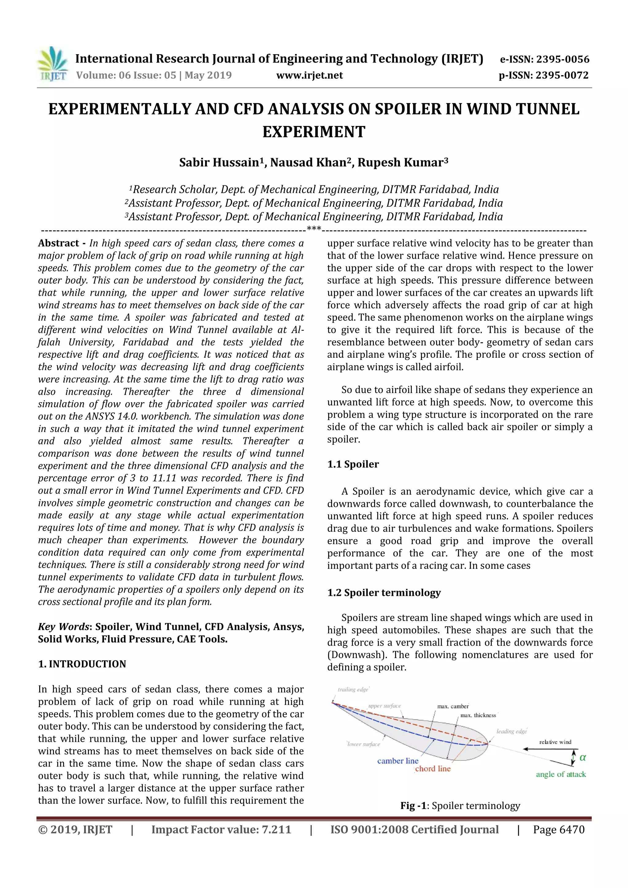 IRJET- Experimentally and CFD Analysis on Spoiler in Wind Tunnel ...