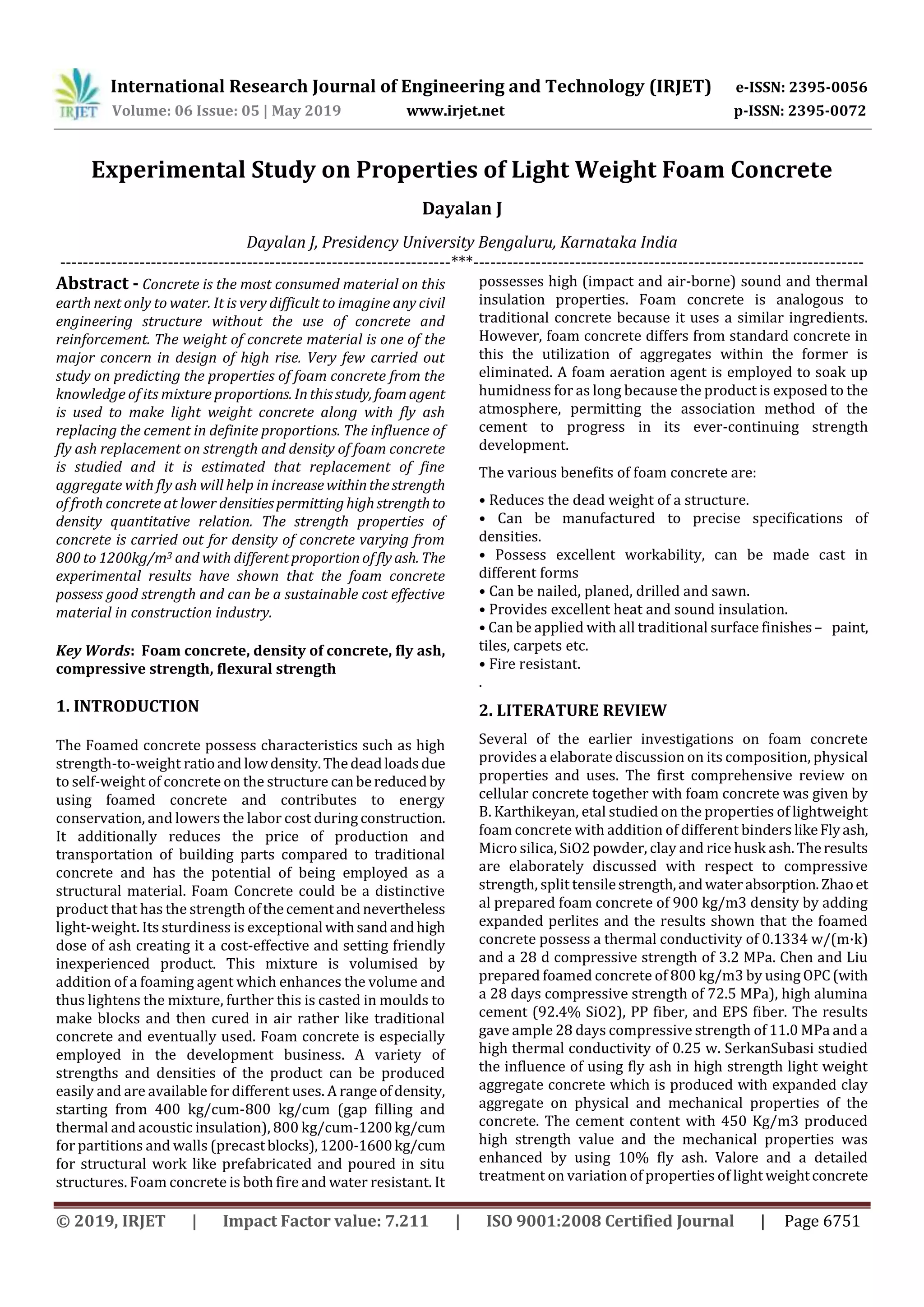 IRJET- Experimental Study on Properties of Light Weight Foam Concrete | PDF