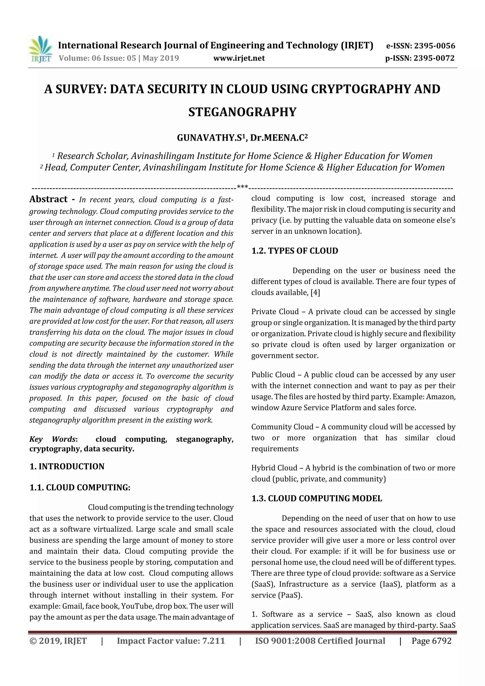 IRJET- A Survey: Data Security in Cloud using Cryptography and ...