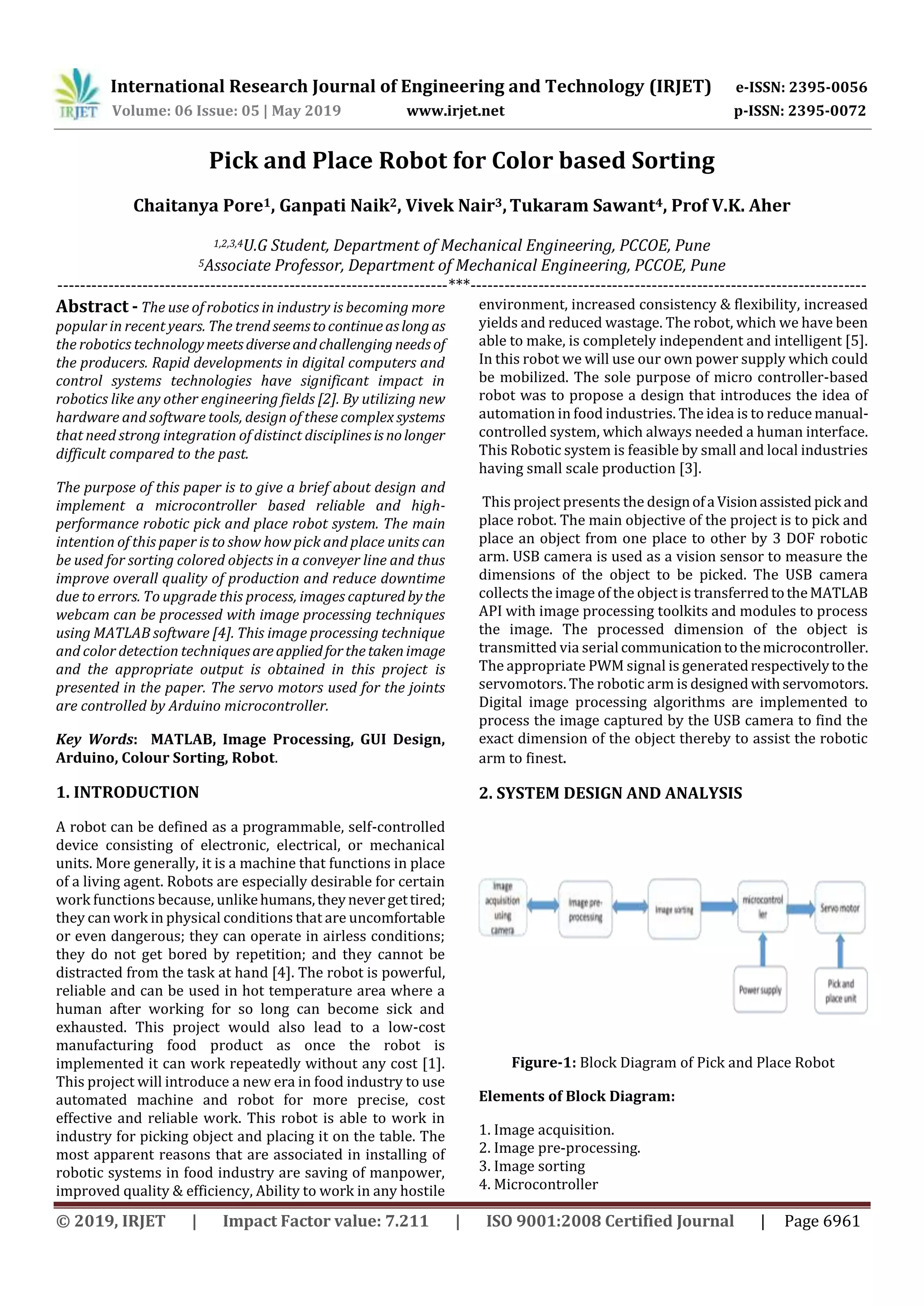International Research Journal of Engineering and Technology (IRJET) e-ISSN: 2395-0056
Volume: 06 Issue: 05 | May 2019 www.irjet.net p-ISSN: 2395-0072
© 2019, IRJET | Impact Factor value: 7.211 | ISO 9001:2008 Certified Journal | Page 6961
Pick and Place Robot for Color based Sorting
Chaitanya Pore1, Ganpati Naik2, Vivek Nair3,Tukaram Sawant4, Prof V.K. Aher
1,2,3,4U.G Student, Department of Mechanical Engineering, PCCOE, Pune
5Associate Professor, Department of Mechanical Engineering, PCCOE, Pune
---------------------------------------------------------------------***----------------------------------------------------------------------
Abstract - The use of robotics in industry is becoming more
popular in recent years. The trend seemstocontinueaslongas
the robotics technologymeetsdiverseandchallenging needsof
the producers. Rapid developments in digital computers and
control systems technologies have significant impact in
robotics like any other engineering fields [2]. By utilizing new
hardware and software tools, design of these complex systems
that need strong integration of distinct disciplinesis nolonger
difficult compared to the past.
The purpose of this paper is to give a brief about design and
implement a microcontroller based reliable and high-
performance robotic pick and place robot system. The main
intention of this paper is to show how pick and place units can
be used for sorting colored objects in a conveyer line and thus
improve overall quality of production and reduce downtime
due to errors. To upgrade this process, images captured bythe
webcam can be processed with image processing techniques
using MATLAB software [4]. This image processing technique
and color detection techniquesareappliedforthetakenimage
and the appropriate output is obtained in this project is
presented in the paper. The servo motors used for the joints
are controlled by Arduino microcontroller.
Key Words: MATLAB, Image Processing, GUI Design,
Arduino, Colour Sorting, Robot.
1. INTRODUCTION
A robot can be defined as a programmable, self-controlled
device consisting of electronic, electrical, or mechanical
units. More generally, it is a machine that functions in place
of a living agent. Robots are especially desirable for certain
work functions because, unlikehumans,theynevergettired;
they can work in physical conditions that are uncomfortable
or even dangerous; they can operate in airless conditions;
they do not get bored by repetition; and they cannot be
distracted from the task at hand [4]. The robot is powerful,
reliable and can be used in hot temperature area where a
human after working for so long can become sick and
exhausted. This project would also lead to a low-cost
manufacturing food product as once the robot is
implemented it can work repeatedly without any cost [1].
This project will introduce a new era in food industry to use
automated machine and robot for more precise, cost
effective and reliable work. This robot is able to work in
industry for picking object and placing it on the table. The
most apparent reasons that are associated in installing of
robotic systems in food industry are saving of manpower,
improved quality & efficiency, Ability to work in any hostile
environment, increased consistency & flexibility, increased
yields and reduced wastage. The robot, which we have been
able to make, is completely independent and intelligent [5].
In this robot we will use our own power supply which could
be mobilized. The sole purpose of micro controller-based
robot was to propose a design that introduces the idea of
automation in food industries. The idea is to reduce manual-
controlled system, which always needed a human interface.
This Robotic system is feasible by small and local industries
having small scale production [3].
This project presents the designofa Visionassisted pick and
place robot. The main objective of the project is to pick and
place an object from one place to other by 3 DOF robotic
arm. USB camera is used as a vision sensor to measure the
dimensions of the object to be picked. The USB camera
collects the image of the object is transferredtotheMATLAB
API with image processing toolkits and modules to process
the image. The processed dimension of the object is
transmitted via serial communicationtothemicrocontroller.
The appropriate PWM signal is generatedrespectivelytothe
servomotors. The robotic arm is designed withservomotors.
Digital image processing algorithms are implemented to
process the image captured by the USB camera to find the
exact dimension of the object thereby to assist the robotic
arm to finest.
2. SYSTEM DESIGN AND ANALYSIS
Figure-1: Block Diagram of Pick and Place Robot
Elements of Block Diagram:
1. Image acquisition.
2. Image pre-processing.
3. Image sorting
4. Microcontroller
 