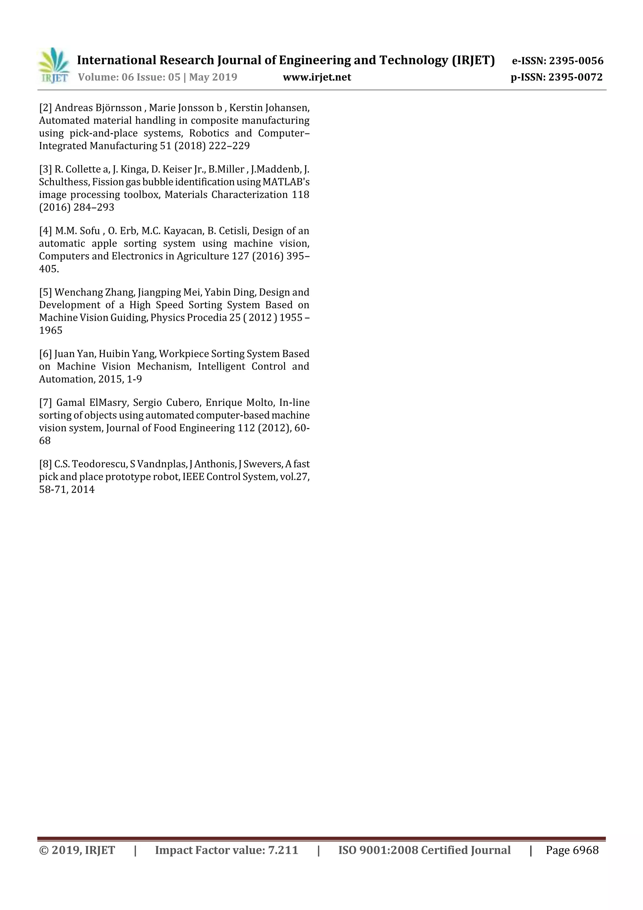International Research Journal of Engineering and Technology (IRJET) e-ISSN: 2395-0056
Volume: 06 Issue: 05 | May 2019 www.irjet.net p-ISSN: 2395-0072
© 2019, IRJET | Impact Factor value: 7.211 | ISO 9001:2008 Certified Journal | Page 6968
[2] Andreas Björnsson , Marie Jonsson b , Kerstin Johansen,
Automated material handling in composite manufacturing
using pick-and-place systems, Robotics and Computer–
Integrated Manufacturing 51 (2018) 222–229
[3] R. Collette a, J. Kinga, D. Keiser Jr., B.Miller , J.Maddenb, J.
Schulthess, FissiongasbubbleidentificationusingMATLAB's
image processing toolbox, Materials Characterization 118
(2016) 284–293
[4] M.M. Sofu , O. Erb, M.C. Kayacan, B. Cetisli, Design of an
automatic apple sorting system using machine vision,
Computers and Electronics in Agriculture 127 (2016) 395–
405.
[5] Wenchang Zhang, Jiangping Mei, Yabin Ding, Design and
Development of a High Speed Sorting System Based on
Machine Vision Guiding, Physics Procedia 25 (2012)1955 –
1965
[6] Juan Yan, Huibin Yang, Workpiece Sorting System Based
on Machine Vision Mechanism, Intelligent Control and
Automation, 2015, 1-9
[7] Gamal ElMasry, Sergio Cubero, Enrique Molto, In-line
sorting of objects using automatedcomputer-basedmachine
vision system, Journal of Food Engineering 112 (2012), 60-
68
[8] C.S. Teodorescu, S Vandnplas,JAnthonis,J Swevers,Afast
pick and place prototype robot, IEEE Control System, vol.27,
58-71, 2014
 