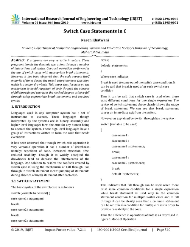 IRJET- Switch Case Statements in C | PDF