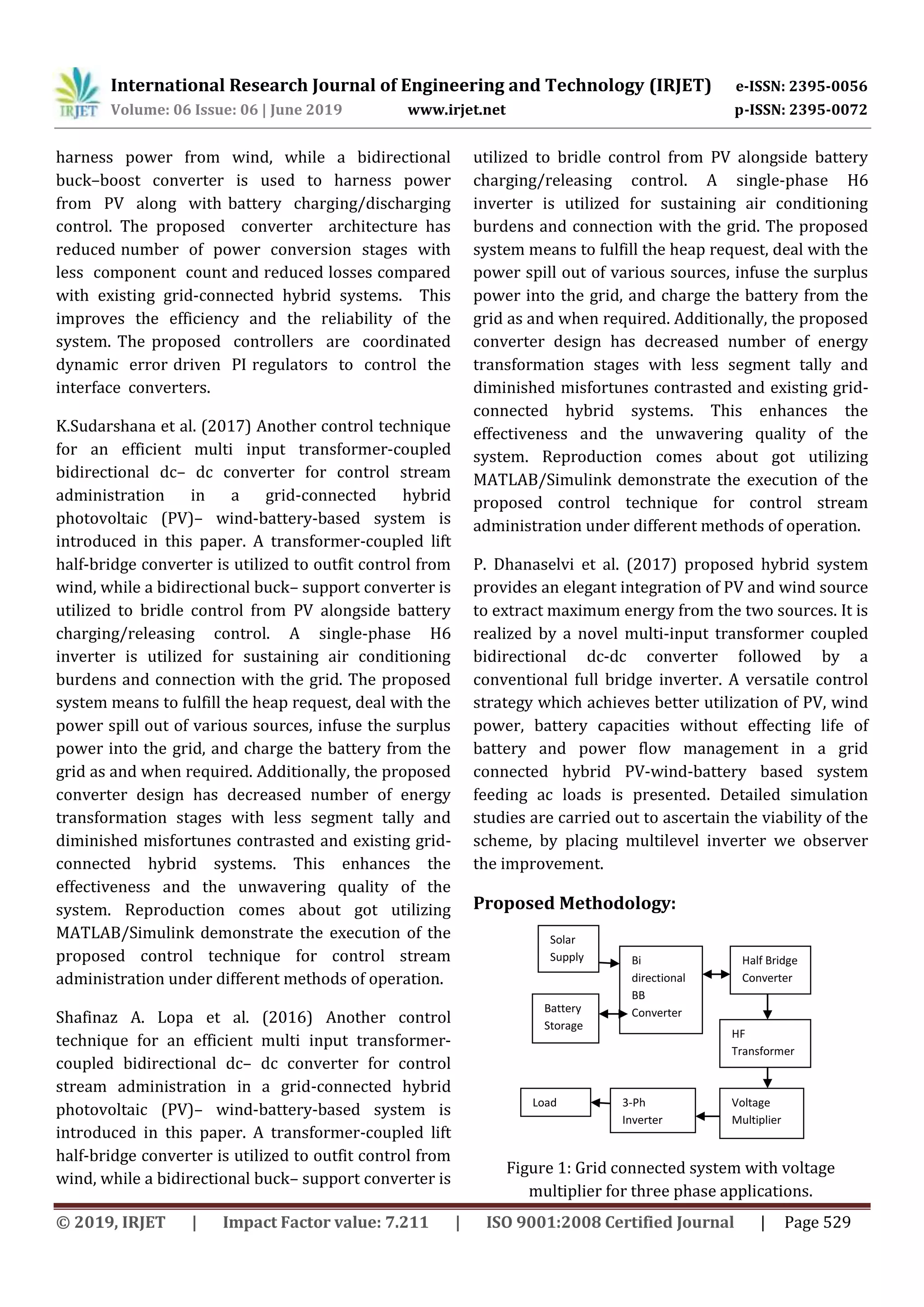 International Research Journal of Engineering and Technology (IRJET) e-ISSN: 2395-0056
Volume: 06 Issue: 06 | June 2019 www.irjet.net p-ISSN: 2395-0072
© 2019, IRJET | Impact Factor value: 7.211 | ISO 9001:2008 Certified Journal | Page 529
harness power from wind, while a bidirectional
buck–boost converter is used to harness power
from PV along with battery charging/discharging
control. The proposed converter architecture has
reduced number of power conversion stages with
less component count and reduced losses compared
with existing grid-connected hybrid systems. This
improves the efficiency and the reliability of the
system. The proposed controllers are coordinated
dynamic error driven PI regulators to control the
interface converters.
K.Sudarshana et al. (2017) Another control technique
for an efficient multi input transformer-coupled
bidirectional dc– dc converter for control stream
administration in a grid-connected hybrid
photovoltaic (PV)– wind-battery-based system is
introduced in this paper. A transformer-coupled lift
half-bridge converter is utilized to outfit control from
wind, while a bidirectional buck– support converter is
utilized to bridle control from PV alongside battery
charging/releasing control. A single-phase H6
inverter is utilized for sustaining air conditioning
burdens and connection with the grid. The proposed
system means to fulfill the heap request, deal with the
power spill out of various sources, infuse the surplus
power into the grid, and charge the battery from the
grid as and when required. Additionally, the proposed
converter design has decreased number of energy
transformation stages with less segment tally and
diminished misfortunes contrasted and existing grid-
connected hybrid systems. This enhances the
effectiveness and the unwavering quality of the
system. Reproduction comes about got utilizing
MATLAB/Simulink demonstrate the execution of the
proposed control technique for control stream
administration under different methods of operation.
Shafinaz A. Lopa et al. (2016) Another control
technique for an efficient multi input transformer-
coupled bidirectional dc– dc converter for control
stream administration in a grid-connected hybrid
photovoltaic (PV)– wind-battery-based system is
introduced in this paper. A transformer-coupled lift
half-bridge converter is utilized to outfit control from
wind, while a bidirectional buck– support converter is
utilized to bridle control from PV alongside battery
charging/releasing control. A single-phase H6
inverter is utilized for sustaining air conditioning
burdens and connection with the grid. The proposed
system means to fulfill the heap request, deal with the
power spill out of various sources, infuse the surplus
power into the grid, and charge the battery from the
grid as and when required. Additionally, the proposed
converter design has decreased number of energy
transformation stages with less segment tally and
diminished misfortunes contrasted and existing grid-
connected hybrid systems. This enhances the
effectiveness and the unwavering quality of the
system. Reproduction comes about got utilizing
MATLAB/Simulink demonstrate the execution of the
proposed control technique for control stream
administration under different methods of operation.
P. Dhanaselvi et al. (2017) proposed hybrid system
provides an elegant integration of PV and wind source
to extract maximum energy from the two sources. It is
realized by a novel multi-input transformer coupled
bidirectional dc-dc converter followed by a
conventional full bridge inverter. A versatile control
strategy which achieves better utilization of PV, wind
power, battery capacities without effecting life of
battery and power flow management in a grid
connected hybrid PV-wind-battery based system
feeding ac loads is presented. Detailed simulation
studies are carried out to ascertain the viability of the
scheme, by placing multilevel inverter we observer
the improvement.
Proposed Methodology:
Figure 1: Grid connected system with voltage
multiplier for three phase applications.
Solar
Supply
Battery
Storage
Bi
directional
BB
Converter
Half Bridge
Converter
HF
Transformer
Voltage
Multiplier
3-Ph
Inverter
Load
 