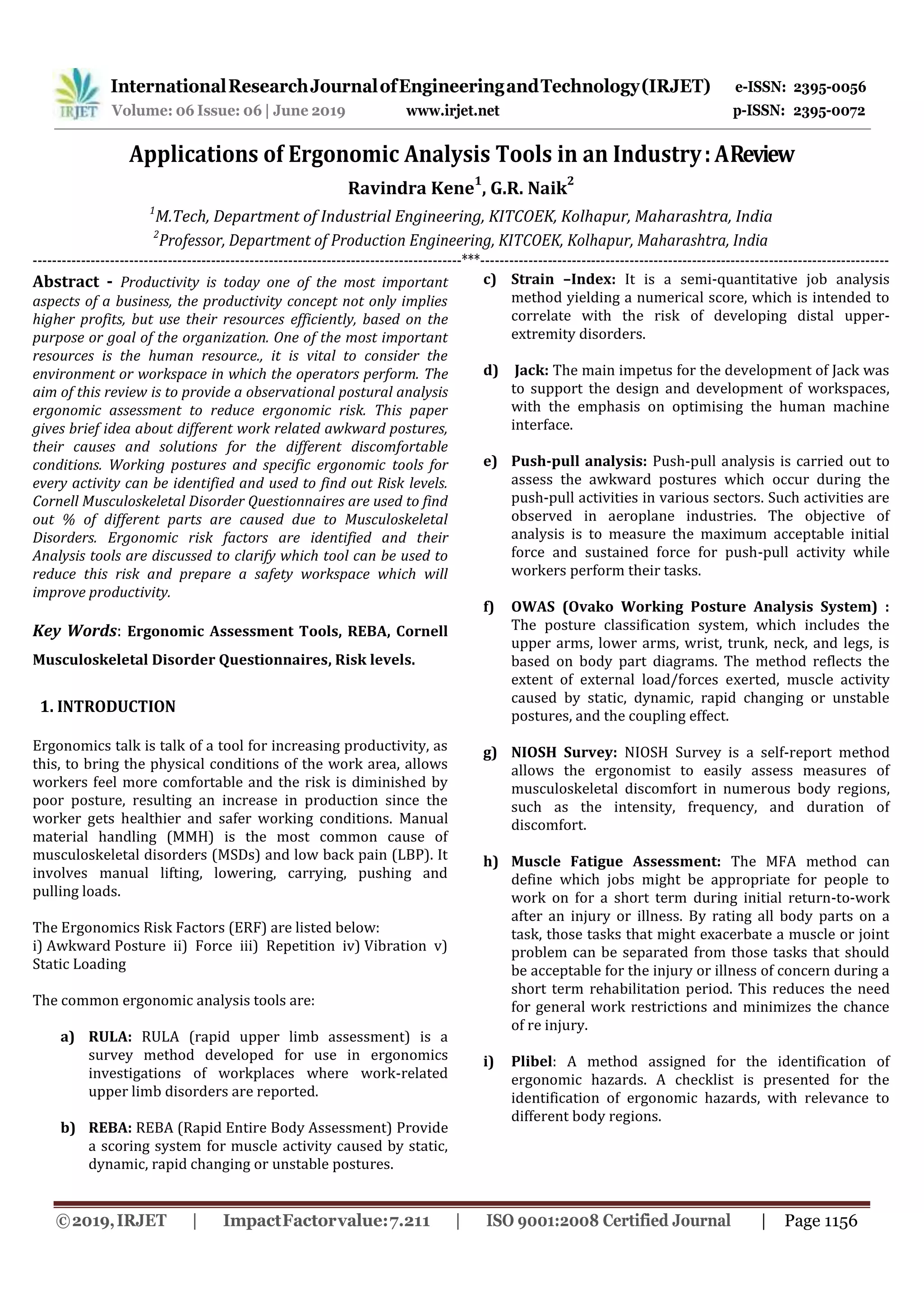 IRJET- Applications of Ergonomic Analysis Tools in an Industry: A ...