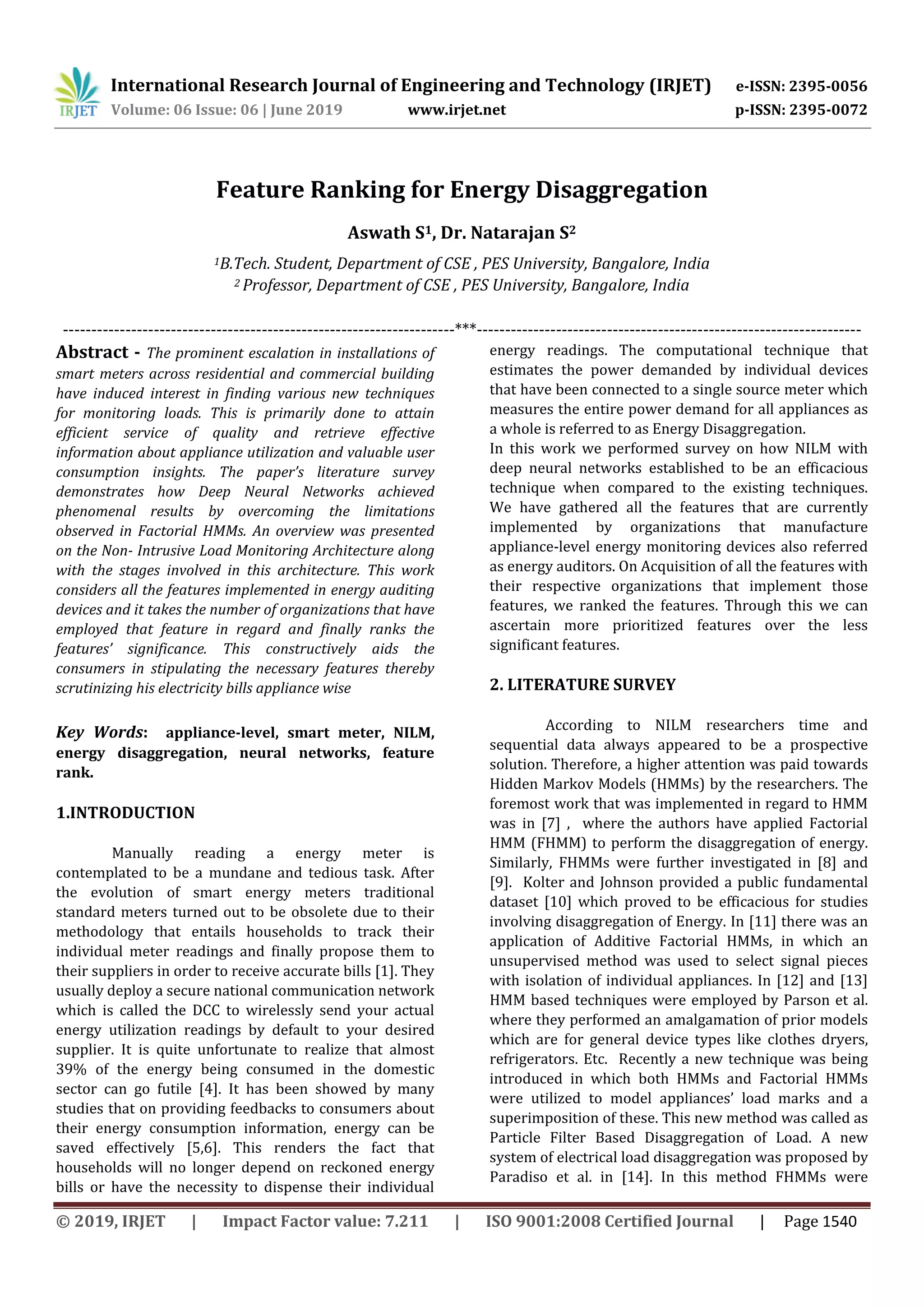 IRJET- Feature Ranking for Energy Disaggregation | PDF