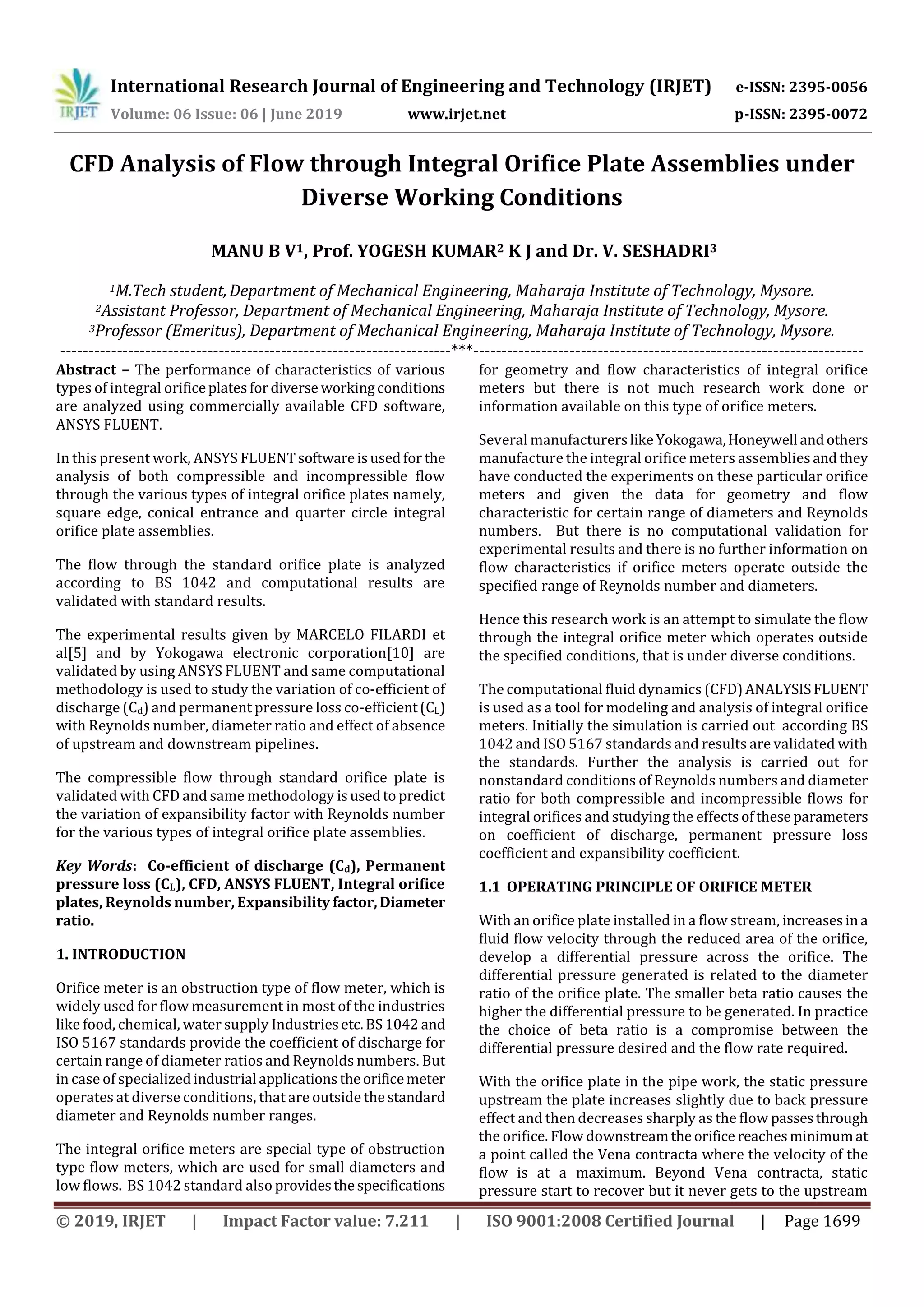 IRJET- CFD Analysis of Flow through Integral Orifice Plate Assemblies ...
