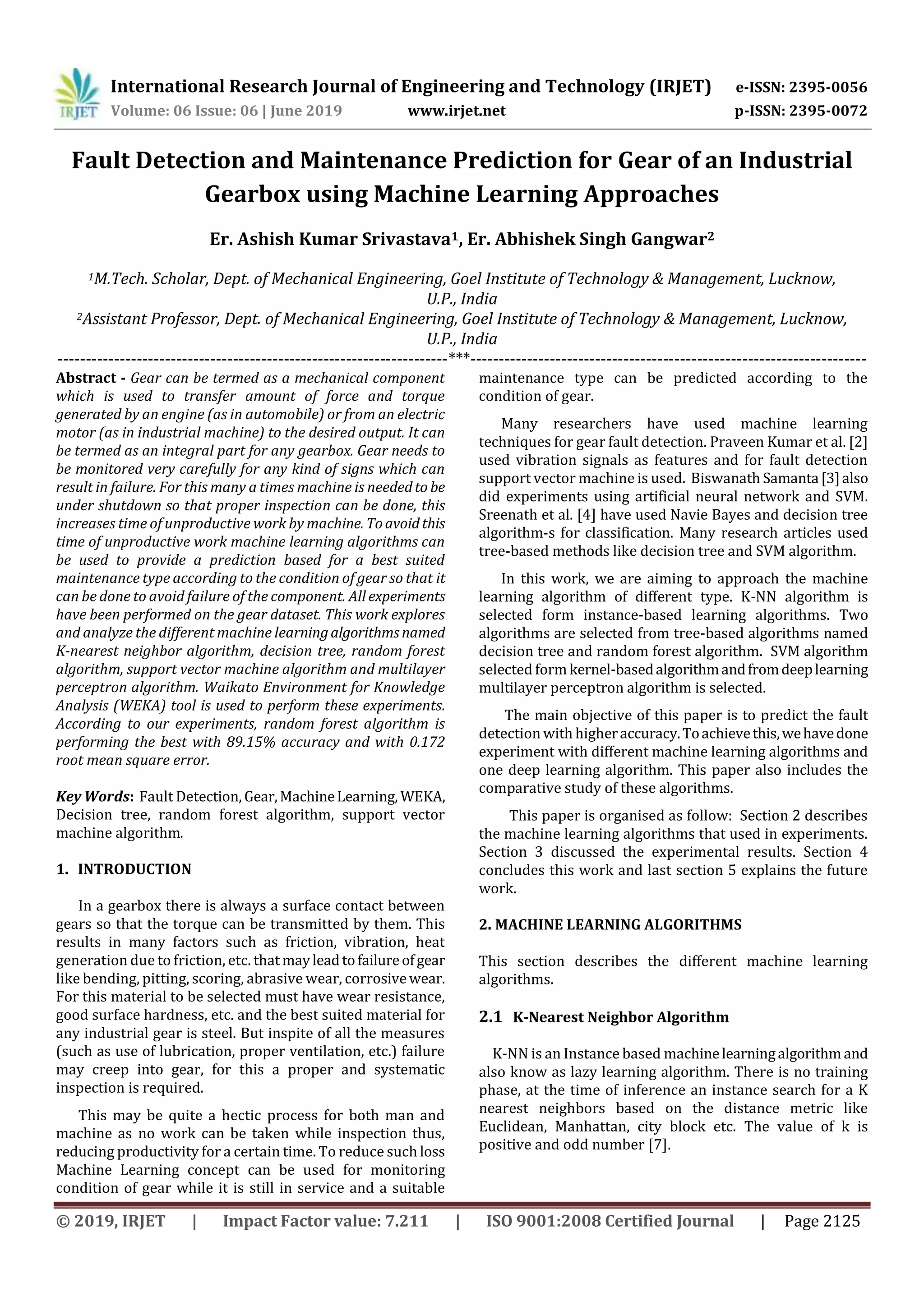 IRJET Fault Detection and Maintenance Prediction for Gear of an