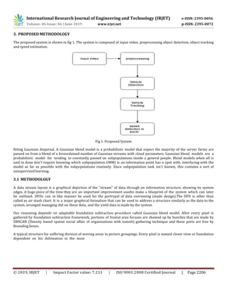 International Research Journal of Engineering and Technology (IRJET) e-ISSN: 2395-0056
Volume: 06 Issue: 06 | June 2019 www.irjet.net p-ISSN: 2395-0072
© 2019, IRJET | Impact Factor value: 7.211 | ISO 9001:2008 Certified Journal | Page 2206
3. PROPOSED METHODOLOGY
The proposed system is shown in fig 1. The system is composed of input video, preprocessing object detection, object tracking
and speed estimation.
Fig 1. Proposed System
fitting Gaussian dispersal. A Gaussian blend model is a probabilistic model that expect the majority of the server farms are
passed on from a blend of a foreordained number of Gaussian streams with cloud parameters. Gaussian blend models are a
probabilistic model for tending to constantly passed on subpopulations inside a general people. Blend models when all is
said in done don't require knowing which subpopulation GMM) is an information point has a spot with, interfacing with the
model as far as possible with the subpopulations routinely. Since subpopulation task isn't known, this contains a sort of
unsupervised learning.
3.1 METHODOLOGY
A data stream layout is a graphical depiction of the "stream" of data through an information structure, showing its system
edges. A huge piece of the time they are an important improvement usedto make a blueprint of the system which can later
be outlined. DFDs can in like manner be used for the portrayal of data overseeing (made design).The DFD is other than
called as air stash chart. It is a major graphical formalism that can be used to address a structure similarly as the data to the
system, arranged managing did on these data, and the yield data is made by the system.
Our reasoning depends on adaptable foundation subtraction procedure called Gaussian blend model. After every pixel is
gathered by foundation subtraction framework, portions of frontal area focuses are showed up by bunches that are made by
DBSCAN (Density based spatial social affair of organizations with tumult) gathering technique and these parts are free by
Bounding boxes.
A typical structure for suffering division of moving areas in picture groupings. Every pixel is named closer view or foundation
dependent on his delineation in the most
 