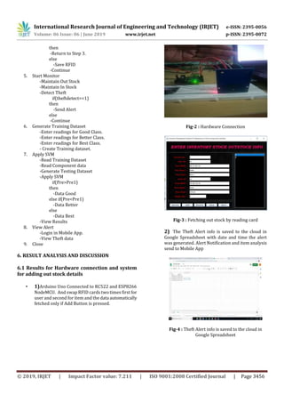 International Research Journal of Engineering and Technology (IRJET) e-ISSN: 2395-0056
Volume: 06 Issue: 06 | June 2019 www.irjet.net p-ISSN: 2395-0072
© 2019, IRJET | Impact Factor value: 7.211 | ISO 9001:2008 Certified Journal | Page 3456
then
-Return to Step 3.
else
-Save RFID
-Continue
5. Start Monitor
-Maintain Out Stock
-Maintain In Stock
-Detect Theft
if(theftdetect==1)
then
-Send Alert
else
-Continue
6. Generate Training Dataset
-Enter readings for Good Class.
-Enter readings for Better Class.
-Enter readings for Best Class.
- Create Training dataset.
7. Apply SVM
-Read Training Dataset
-Read Component data
-Generate Testing Dataset
-Apply SVM
if(Pre>Pre1)
then
-Data Good
else if(Pre<Pre1)
-Data Better
else
-Data Best
-View Results
8. View Alert
-Login in Mobile App.
-View Theft data
9. Close
6. RESULT ANALYSIS AND DISCUSSION
6.1 Results for Hardware connection and system
for adding out stock details
• 1)Arduino Uno Connected to RC522 and ESP8266
NodeMCU. And swap RFID cards two times first for
user and second for item and the data automatically
fetched only if Add Button is pressed.
Fig-2 : Hardware Connection
Fig-3 : Fetching out stock by reading card
2) The Theft Alert info is saved to the cloud in
Google Spreadsheet with date and time the alert
was generated. Alert Notification and item analysis
send to Mobile App
Fig-4 : Theft Alert info is saved to the cloud in
Google Spreadsheet
 