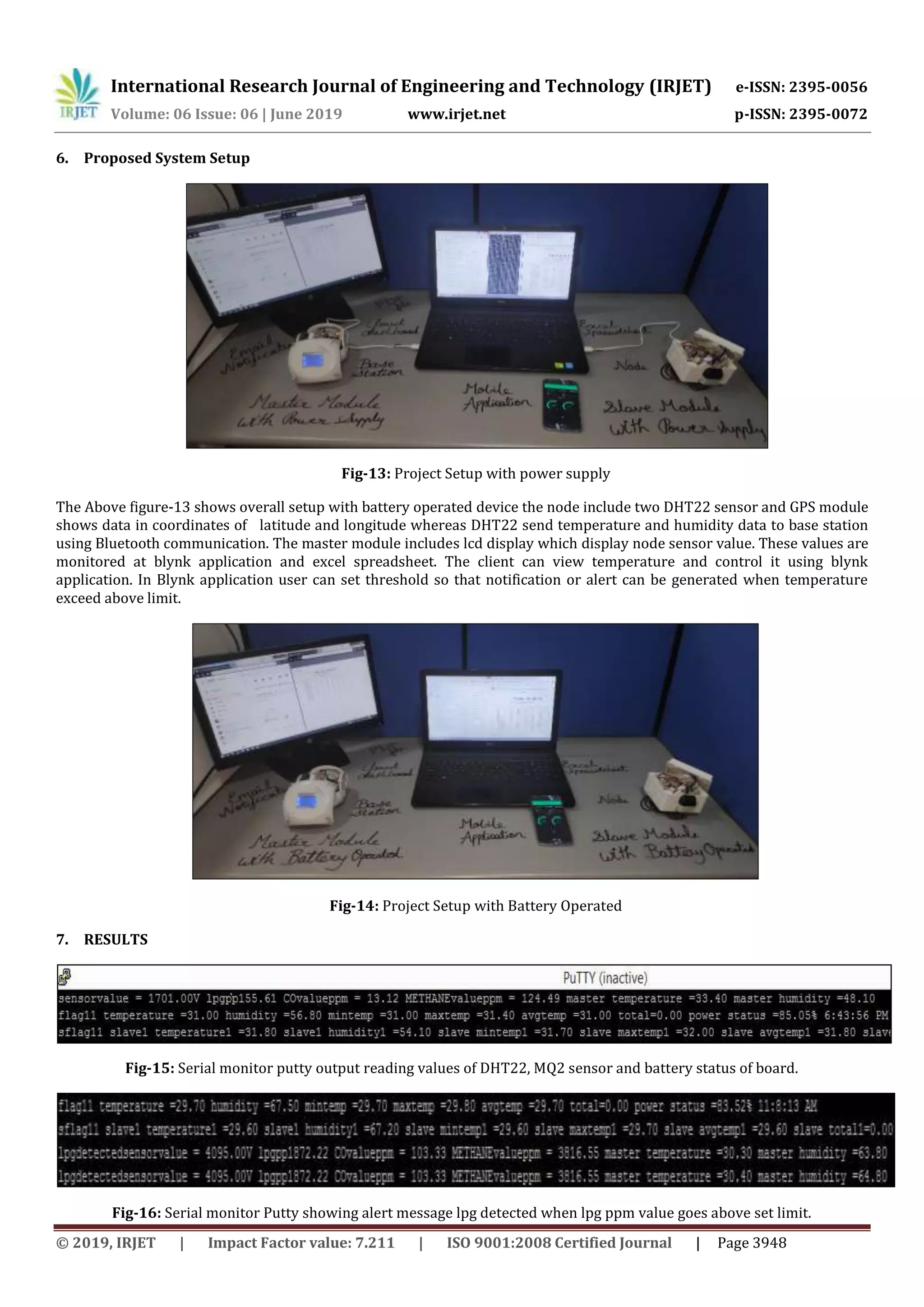 International Research Journal of Engineering and Technology (IRJET) e-ISSN: 2395-0056
Volume: 06 Issue: 06 | June 2019 www.irjet.net p-ISSN: 2395-0072
© 2019, IRJET | Impact Factor value: 7.211 | ISO 9001:2008 Certified Journal | Page 3948
6. Proposed System Setup
Fig-13: Project Setup with power supply
The Above figure-13 shows overall setup with battery operated device the node include two DHT22 sensor and GPS module
shows data in coordinates of latitude and longitude whereas DHT22 send temperature and humidity data to base station
using Bluetooth communication. The master module includes lcd display which display node sensor value. These values are
monitored at blynk application and excel spreadsheet. The client can view temperature and control it using blynk
application. In Blynk application user can set threshold so that notification or alert can be generated when temperature
exceed above limit.
Fig-14: Project Setup with Battery Operated
7. RESULTS
Fig-15: Serial monitor putty output reading values of DHT22, MQ2 sensor and battery status of board.
Fig-16: Serial monitor Putty showing alert message lpg detected when lpg ppm value goes above set limit.
 