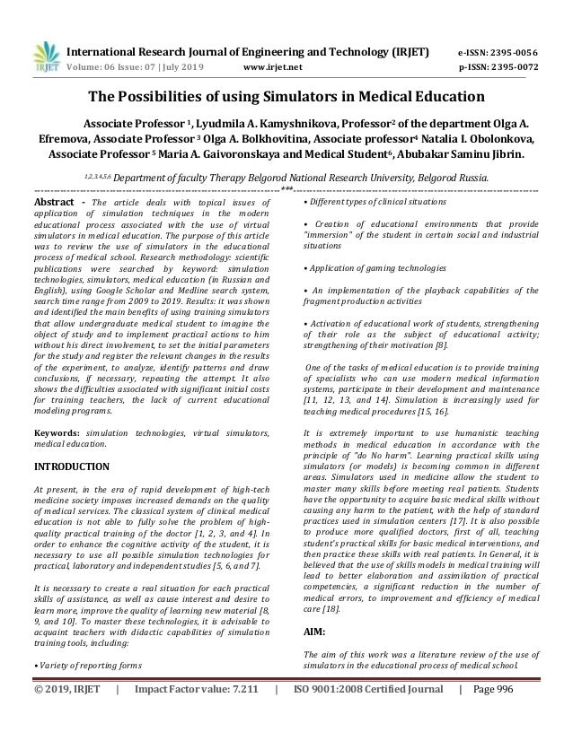 Irjet The Possibilities Of Using Simulators In Medical Education