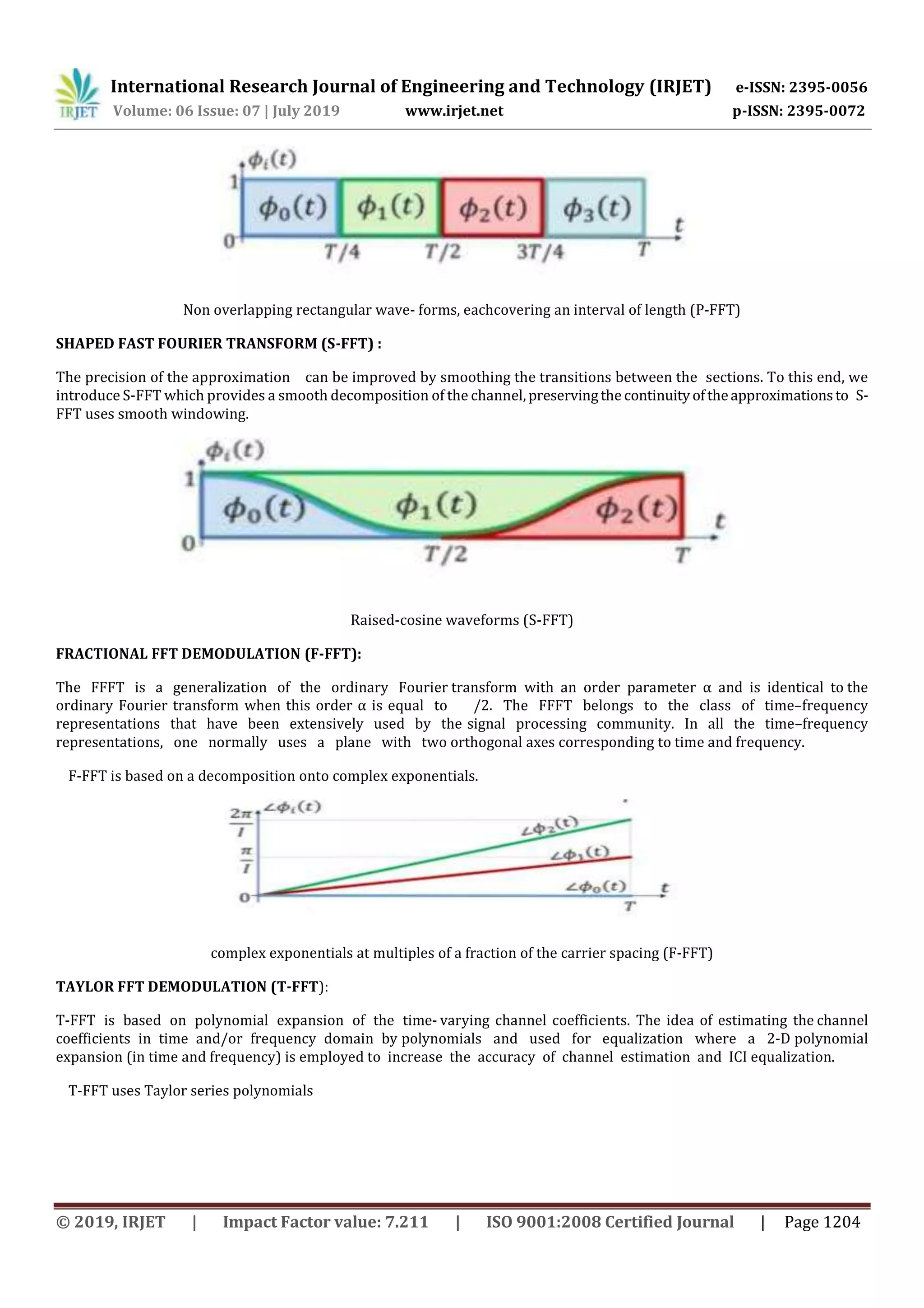International Research Journal of Engineering and Technology (IRJET) e-ISSN: 2395-0056
Volume: 06 Issue: 07 | July 2019 www.irjet.net p-ISSN: 2395-0072
© 2019, IRJET | Impact Factor value: 7.211 | ISO 9001:2008 Certified Journal | Page 1204
Non overlapping rectangular wave- forms, eachcovering an interval of length (P-FFT)
SHAPED FAST FOURIER TRANSFORM (S-FFT) :
The precision of the approximation can be improved by smoothing the transitions between the sections. To this end, we
introduce S-FFT which provides a smooth decomposition of the channel,preservingthecontinuityoftheapproximationsto S-
FFT uses smooth windowing.
Raised-cosine waveforms (S-FFT)
FRACTIONAL FFT DEMODULATION (F-FFT):
The FFFT is a generalization of the ordinary Fourier transform with an order parameter α and is identical to the
ordinary Fourier transform when this order α is equal to /2. The FFFT belongs to the class of time–frequency
representations that have been extensively used by the signal processing community. In all the time–frequency
representations, one normally uses a plane with two orthogonal axes corresponding to time and frequency.
F-FFT is based on a decomposition onto complex exponentials.
complex exponentials at multiples of a fraction of the carrier spacing (F-FFT)
TAYLOR FFT DEMODULATION (T-FFT):
T-FFT is based on polynomial expansion of the time- varying channel coefficients. The idea of estimating the channel
coefficients in time and/or frequency domain by polynomials and used for equalization where a 2-D polynomial
expansion (in time and frequency) is employed to increase the accuracy of channel estimation and ICI equalization.
T-FFT uses Taylor series polynomials
 