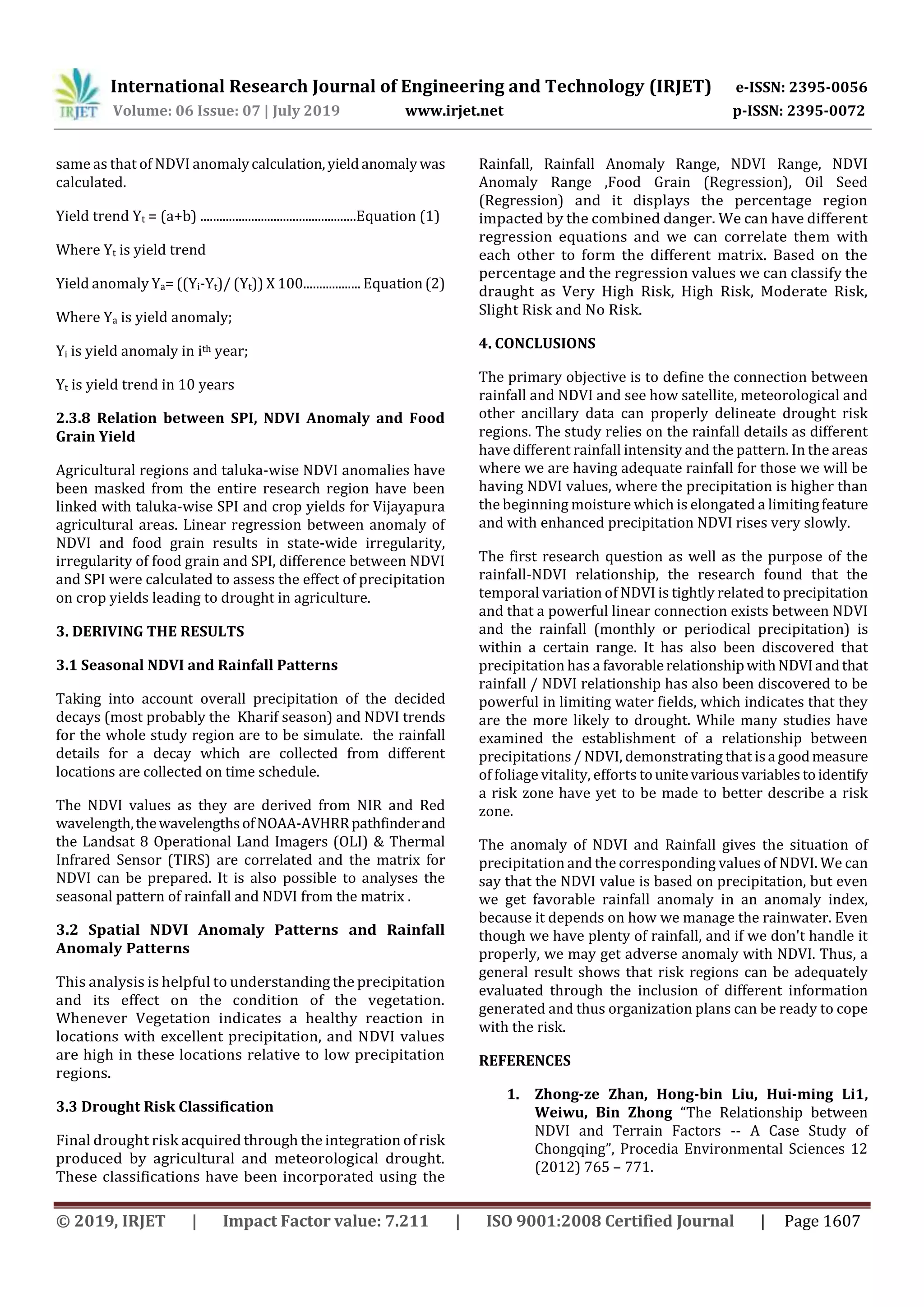 IRJET- Review on Drought Risk Assessment by using Remote Sensing and ...