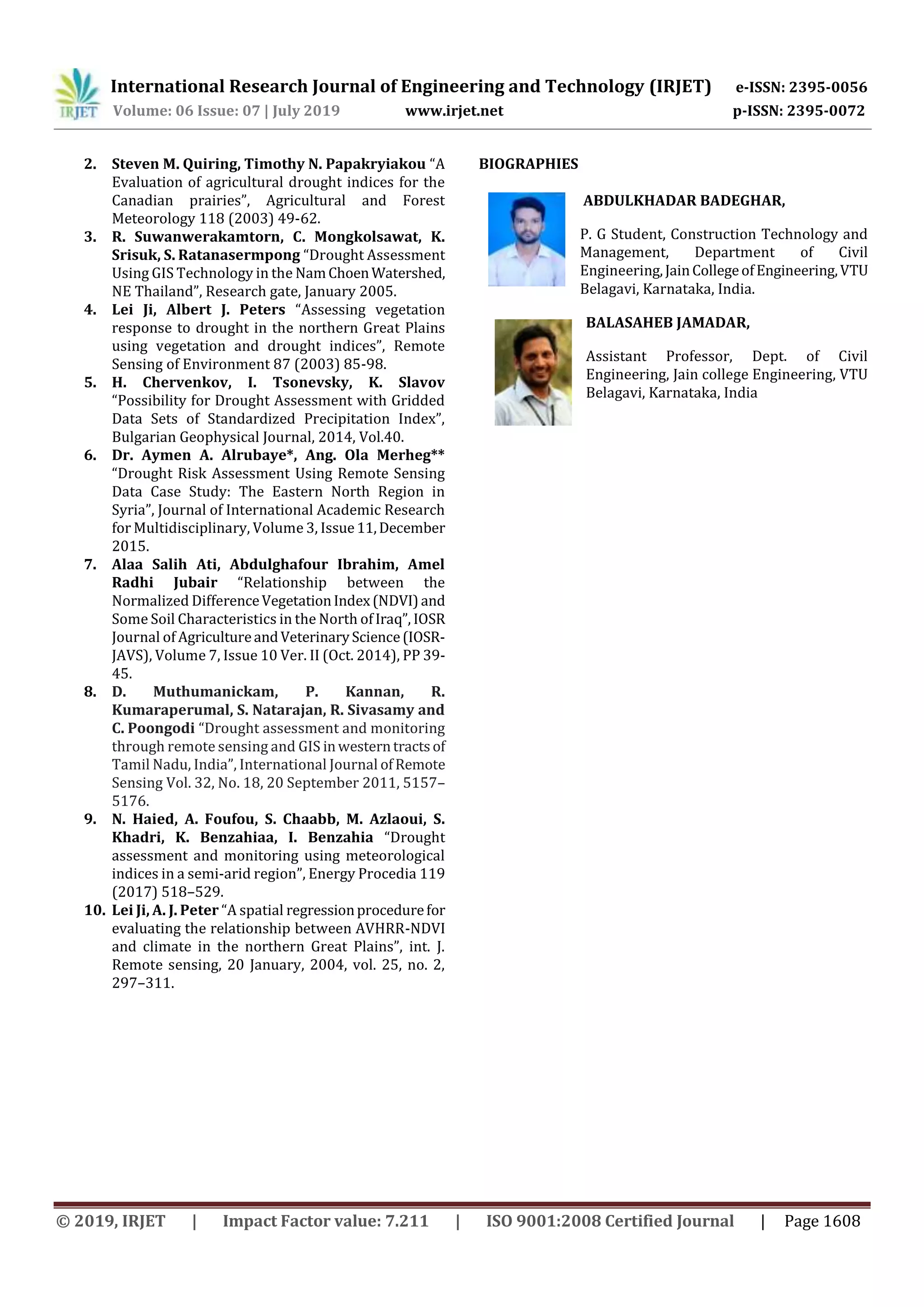 IRJET- Review on Drought Risk Assessment by using Remote Sensing and ...
