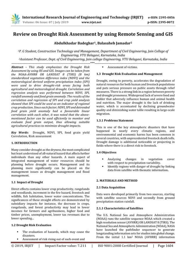 IRJET- Review on Drought Risk Assessment by using Remote Sensing and ...