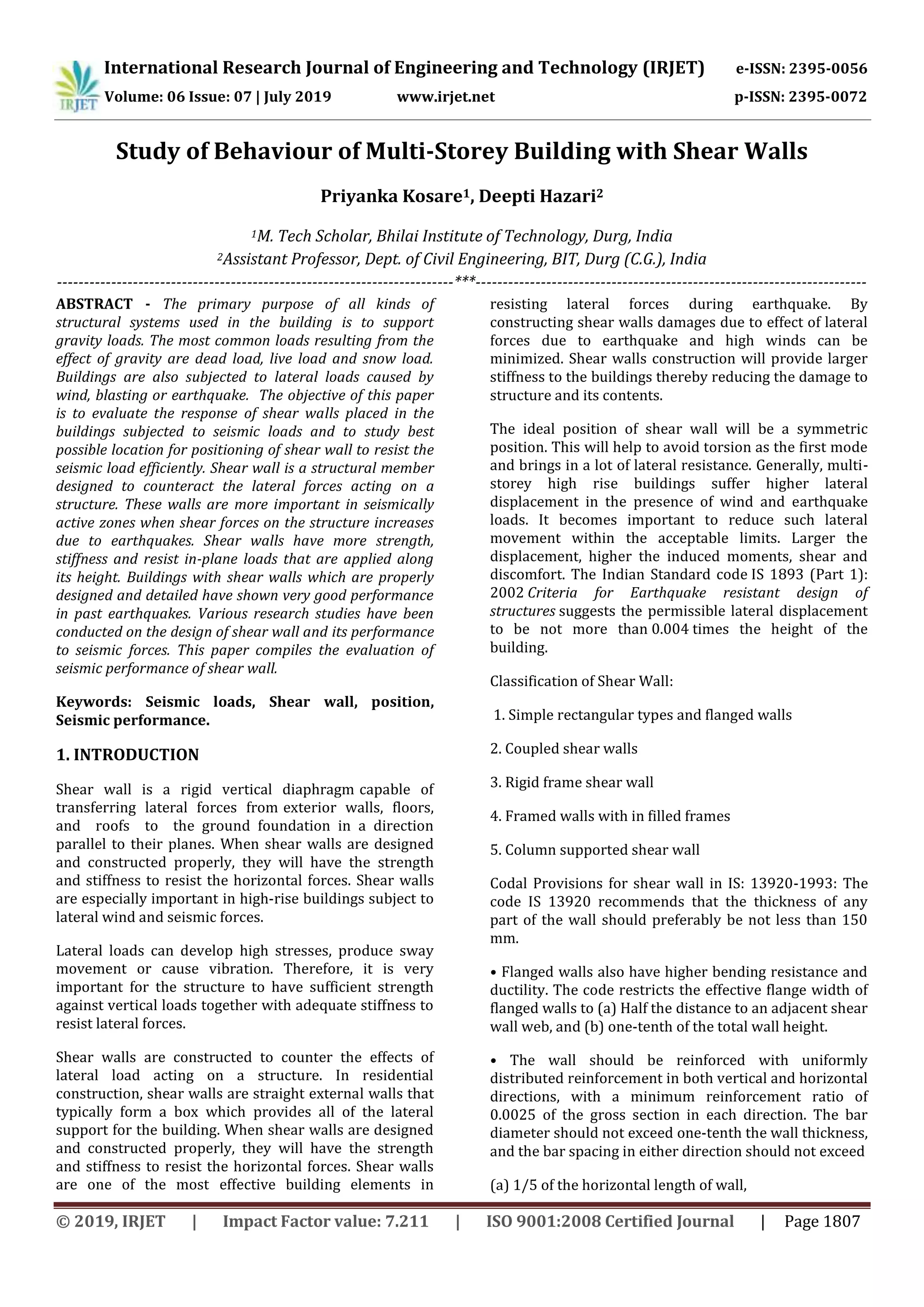 IRJET- Study of Behaviour of Multi-Storey Building with Shear Walls | PDF