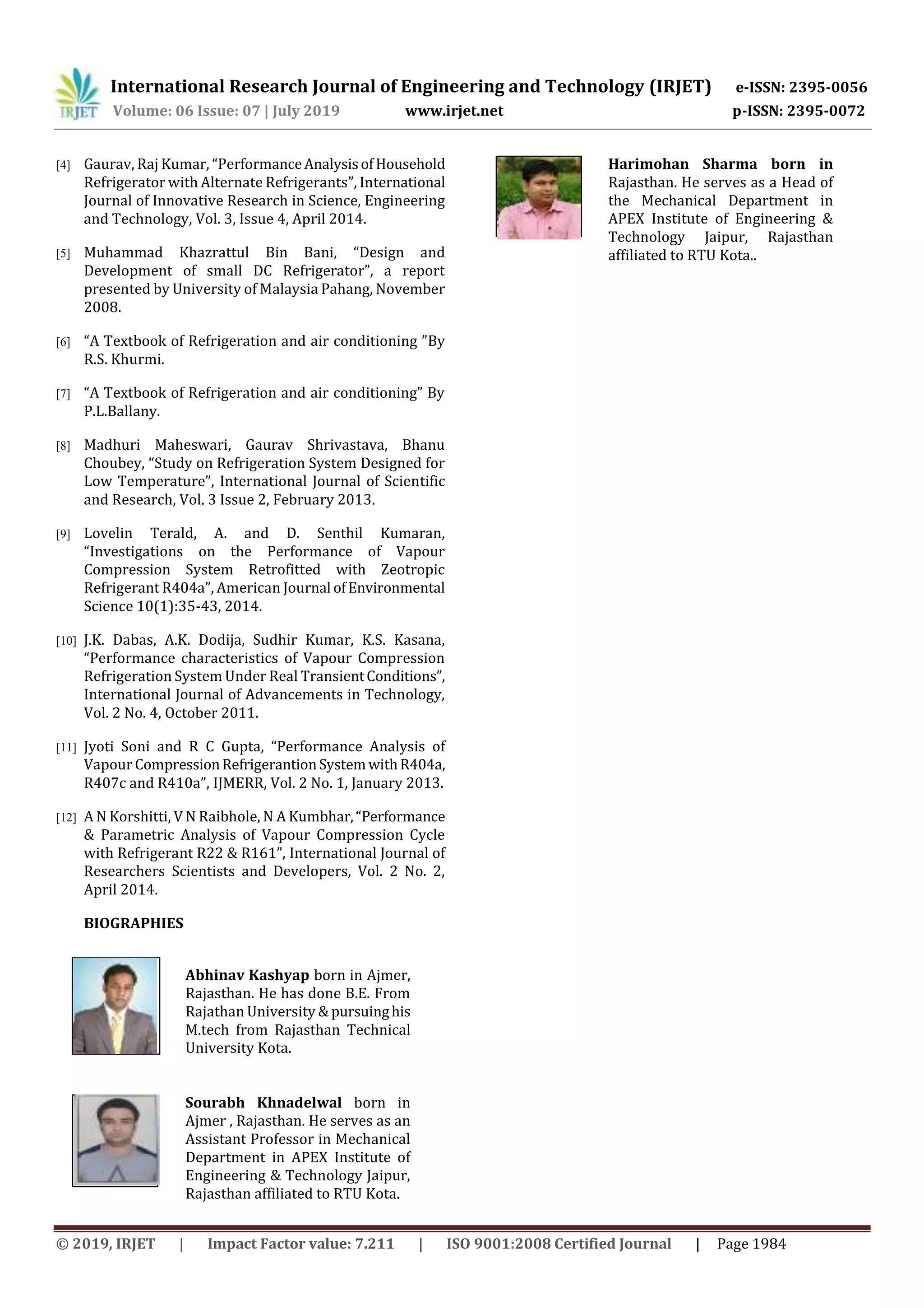 International Research Journal of Engineering and Technology (IRJET) e-ISSN: 2395-0056
Volume: 06 Issue: 07 | July 2019 www.irjet.net p-ISSN: 2395-0072
© 2019, IRJET | Impact Factor value: 7.211 | ISO 9001:2008 Certified Journal | Page 1984
[4] Gaurav, Raj Kumar, “PerformanceAnalysisofHousehold
Refrigerator with Alternate Refrigerants”, International
Journal of Innovative Research in Science, Engineering
and Technology, Vol. 3, Issue 4, April 2014.
[5] Muhammad Khazrattul Bin Bani, “Design and
Development of small DC Refrigerator”, a report
presented by University of Malaysia Pahang, November
2008.
[6] “A Textbook of Refrigeration and air conditioning ”By
R.S. Khurmi.
[7] “A Textbook of Refrigeration and air conditioning” By
P.L.Ballany.
[8] Madhuri Maheswari, Gaurav Shrivastava, Bhanu
Choubey, “Study on Refrigeration System Designed for
Low Temperature”, International Journal of Scientific
and Research, Vol. 3 Issue 2, February 2013.
[9] Lovelin Terald, A. and D. Senthil Kumaran,
“Investigations on the Performance of Vapour
Compression System Retrofitted with Zeotropic
Refrigerant R404a”, American Journal ofEnvironmental
Science 10(1):35-43, 2014.
[10] J.K. Dabas, A.K. Dodija, Sudhir Kumar, K.S. Kasana,
“Performance characteristics of Vapour Compression
Refrigeration System Under Real TransientConditions”,
International Journal of Advancements in Technology,
Vol. 2 No. 4, October 2011.
[11] Jyoti Soni and R C Gupta, “Performance Analysis of
Vapour CompressionRefrigerantionSystemwithR404a,
R407c and R410a”, IJMERR, Vol. 2 No. 1, January 2013.
[12] A N Korshitti, V N Raibhole, N A Kumbhar,“Performance
& Parametric Analysis of Vapour Compression Cycle
with Refrigerant R22 & R161”, International Journal of
Researchers Scientists and Developers, Vol. 2 No. 2,
April 2014.
BIOGRAPHIES
Abhinav Kashyap born in Ajmer,
Rajasthan. He has done B.E. From
Rajathan University & pursuinghis
M.tech from Rajasthan Technical
University Kota.
Sourabh Khnadelwal born in
Ajmer , Rajasthan. He serves as an
Assistant Professor in Mechanical
Department in APEX Institute of
Engineering & Technology Jaipur,
Rajasthan affiliated to RTU Kota.
Harimohan Sharma born in
Rajasthan. He serves as a Head of
the Mechanical Department in
APEX Institute of Engineering &
Technology Jaipur, Rajasthan
affiliated to RTU Kota..
 