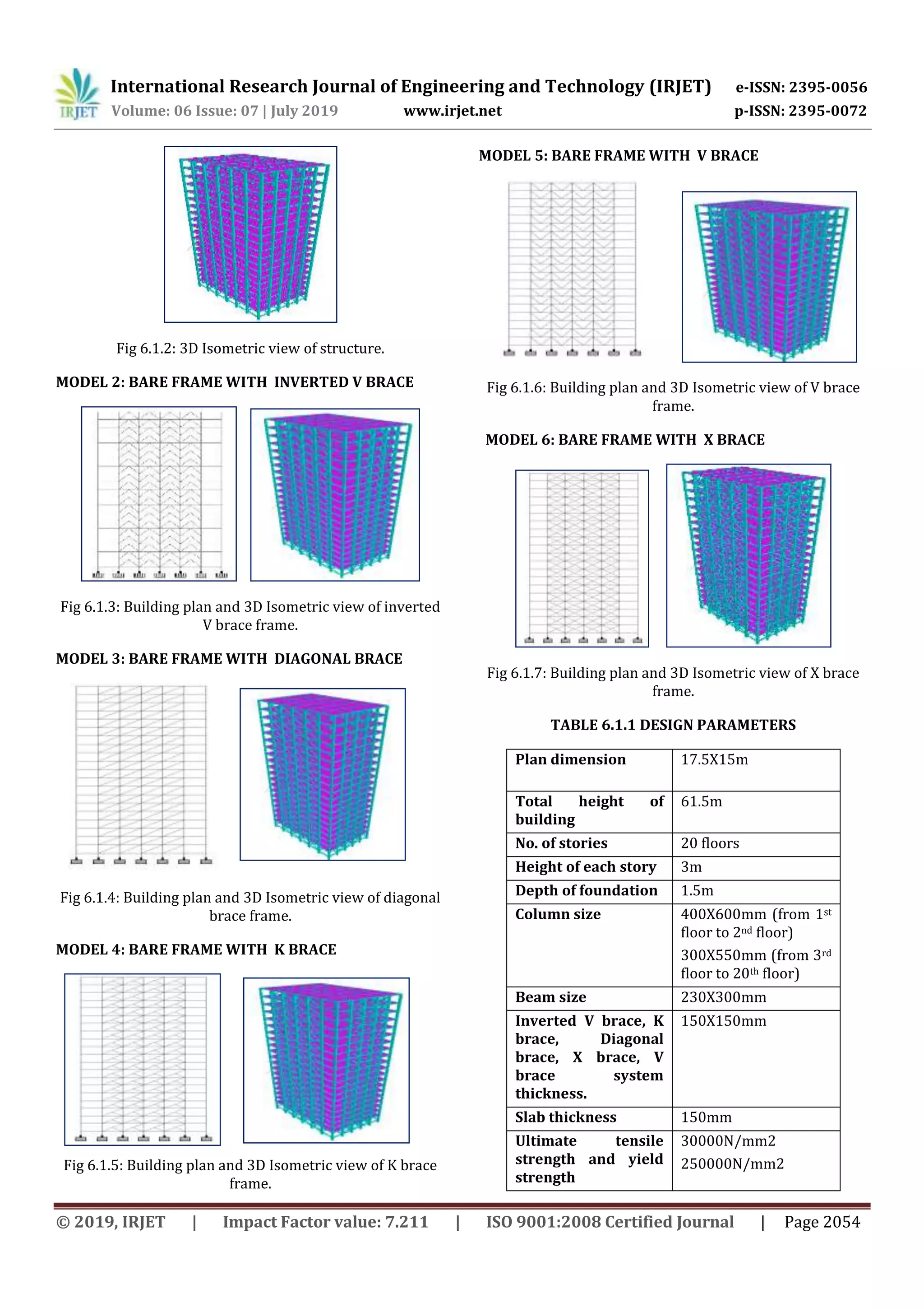 International Research Journal of Engineering and Technology (IRJET) e-ISSN: 2395-0056
Volume: 06 Issue: 07 | July 2019 www.irjet.net p-ISSN: 2395-0072
© 2019, IRJET | Impact Factor value: 7.211 | ISO 9001:2008 Certified Journal | Page 2054
Fig 6.1.2: 3D Isometric view of structure.
MODEL 2: BARE FRAME WITH INVERTED V BRACE
Fig 6.1.3: Building plan and 3D Isometric view of inverted
V brace frame.
MODEL 3: BARE FRAME WITH DIAGONAL BRACE
Fig 6.1.4: Building plan and 3D Isometric view of diagonal
brace frame.
MODEL 4: BARE FRAME WITH K BRACE
Fig 6.1.5: Building plan and 3D Isometric view of K brace
frame.
MODEL 5: BARE FRAME WITH V BRACE
Fig 6.1.6: Building plan and 3D Isometric view of V brace
frame.
MODEL 6: BARE FRAME WITH X BRACE
Fig 6.1.7: Building plan and 3D Isometric view of X brace
frame.
TABLE 6.1.1 DESIGN PARAMETERS
Plan dimension 17.5X15m
Total height of
building
61.5m
No. of stories 20 floors
Height of each story 3m
Depth of foundation 1.5m
Column size 400X600mm (from 1st
floor to 2nd floor)
300X550mm (from 3rd
floor to 20th floor)
Beam size 230X300mm
Inverted V brace, K
brace, Diagonal
brace, X brace, V
brace system
thickness.
150X150mm
Slab thickness 150mm
Ultimate tensile
strength and yield
strength
30000N/mm2
250000N/mm2
 