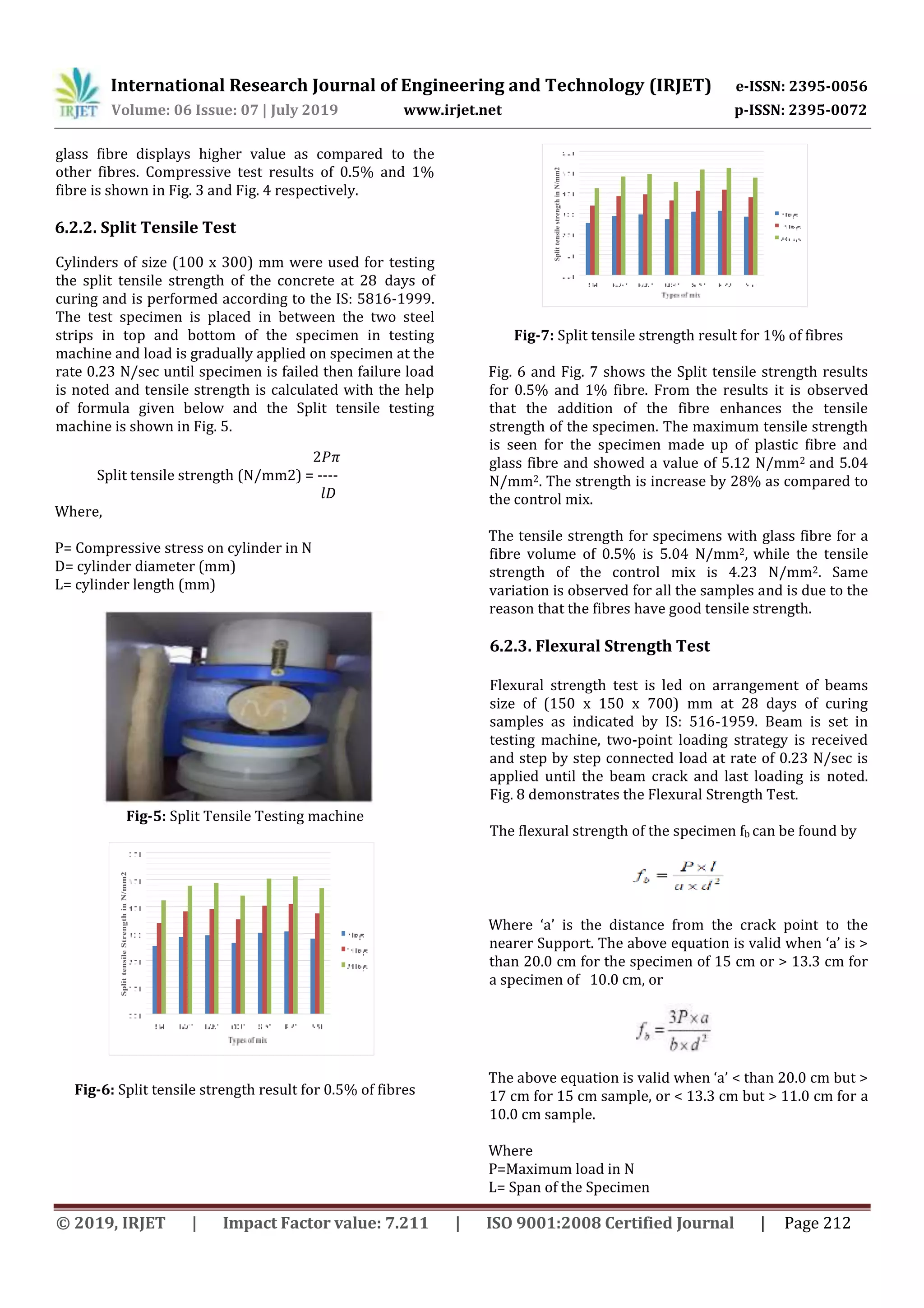 International Research Journal of Engineering and Technology (IRJET) e-ISSN: 2395-0056
Volume: 06 Issue: 07 | July 2019 www.irjet.net p-ISSN: 2395-0072
© 2019, IRJET | Impact Factor value: 7.211 | ISO 9001:2008 Certified Journal | Page 212
glass fibre displays higher value as compared to the
other fibres. Compressive test results of 0.5% and 1%
fibre is shown in Fig. 3 and Fig. 4 respectively.
6.2.2. Split Tensile Test
Cylinders of size (100 x 300) mm were used for testing
the split tensile strength of the concrete at 28gdays of
curing and is performed according to the IS: 5816-1999.
The test specimen is placed in between the two steel
strips in top and bottom of the specimen in testing
machine and load is gradually applied on specimen at the
rate 0.23 N/sec until specimen is failed then failure load
is noted and tensile strength is calculated with the help
of formula given below and the Split tensile testing
machine is shown in Fig. 5.
2𝑃𝜋
Split tensile strength (N/mm2) = ----
𝑙𝐷
Where,
P= Compressive stress on cylinder in N
D= cylinder diameter (mm)
L= cylinder length (mm)
Fig-5: Split Tensile Testing machine
Fig-6: Split tensile strength result for 0.5% of fibres
Fig-7: Split tensile strength result for 1% of fibres
Fig. 6 and Fig. 7 shows the Split tensile strength results
for 0.5% and 1% fibre. From the results it is observed
that the addition of the fibre enhances the tensile
strength of the specimen. The maximum tensile strength
is seen for the specimen made up of plastic fibre and
glass fibre and showed a value of 5.12 N/mm2 and 5.04
N/mm2. The strength is increase by 28% as compared to
the control mix.
The tensile strength for specimens with glass fibre for a
fibre volume of 0.5% is 5.04 N/mm2, while the tensile
strength of the control mix is 4.23 N/mm2. Same
variation is observed for all the samples and is due to the
reason that the fibres have good tensile strength.
6.2.3. Flexural Strength Test
Flexural strength test is led on arrangement of beams
size of (150 x 150 x 700) mm at 28 days of curing
samples as indicated by IS: 516-1959. Beam is set in
testing machine, two-point loading strategy is received
and step by step connected load at rate of 0.23 N/sec is
applied until the beam crack and last loading is noted.
Fig. 8 demonstrates the Flexural Strength Test.
The flexural strength of the specimen fb can be found by
Where ‘a’ is the distance from the crack point to the
nearer Support. The above equation is valid when ‘a’ is >
than 20.0 cm for the specimen of 15 cm or > 13.3 cm for
a specimen of 10.0 cm, or
The above equation is valid when ‘a’ < than 20.0 cm but >
17 cm for 15 cm sample, or < 13.3 cm but > 11.0 cm for a
10.0 cm sample.
Where
P=Maximum load in N
L= Span of the Specimen
 
