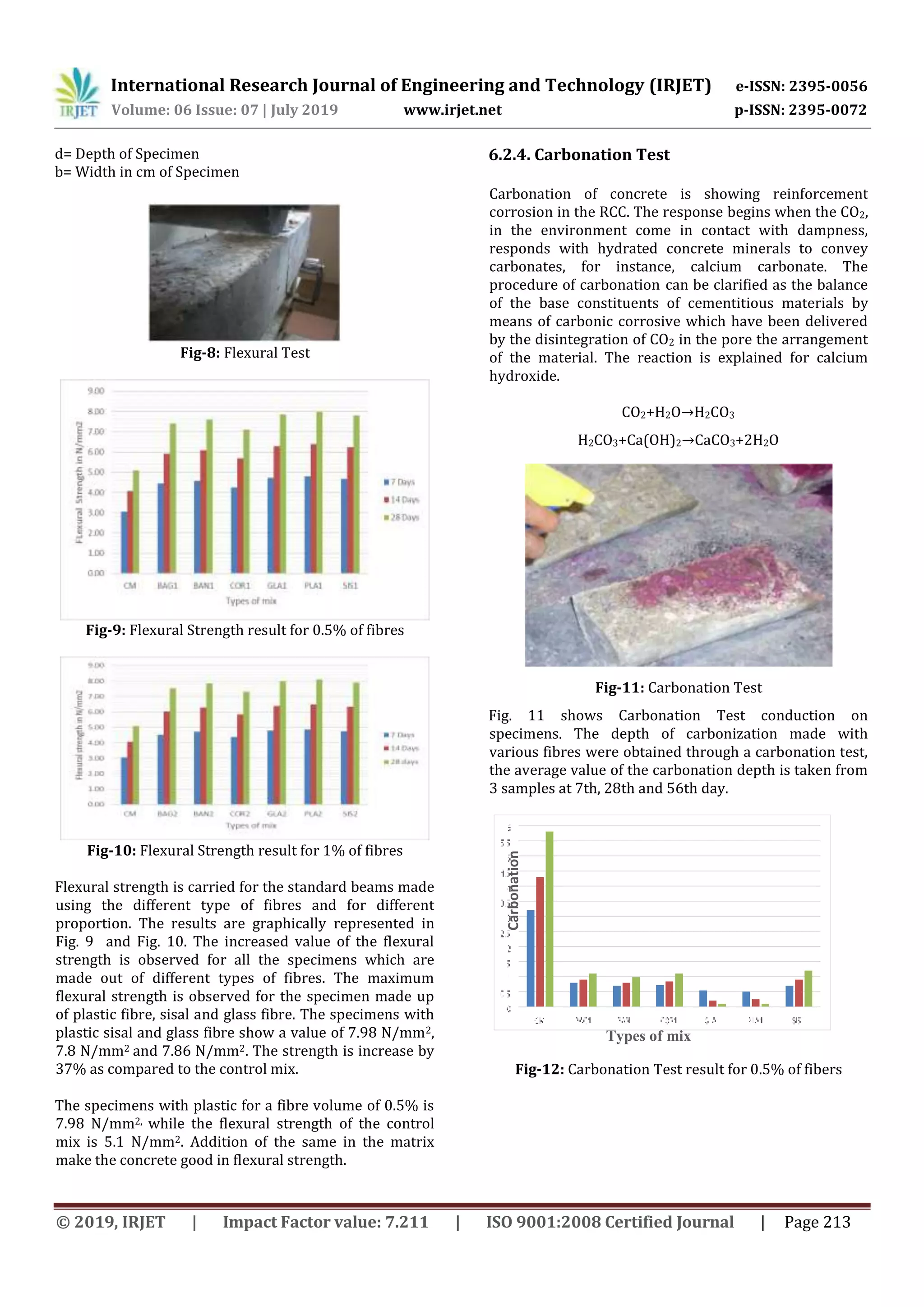 International Research Journal of Engineering and Technology (IRJET) e-ISSN: 2395-0056
Volume: 06 Issue: 07 | July 2019 www.irjet.net p-ISSN: 2395-0072
© 2019, IRJET | Impact Factor value: 7.211 | ISO 9001:2008 Certified Journal | Page 213
d= Depth of Specimen
b= Width in cm of Specimen
Fig-8: Flexural Test
Fig-9: Flexural Strength result for 0.5% of fibres
Fig-10: Flexural Strength result for 1% of fibres
Flexural strength is carried for the standard beams made
using the different type of fibres and for different
proportion. The results are graphically represented in
Fig. 9 and Fig. 10. The increased value of the flexural
strength is observed for all the specimens which are
made out of different types of fibres. The maximum
flexural strength is observed for the specimen made up
of plastic fibre, sisal and glass fibre. The specimens with
plastic sisal and glass fibre show a value of 7.98 N/mm2,
7.8 N/mm2 and 7.86 N/mm2. The strength is increase by
37% as compared to the control mix.
The specimens with plastic for a fibre volume of 0.5% is
7.98 N/mm2, while the flexural strength of the control
mix is 5.1 N/mm2. Addition of the same in the matrix
make the concrete good in flexural strength.
6.2.4. Carbonation Test
Carbonation of concrete is showing reinforcement
corrosion in the RCC. The response begins when the CO2,
in the environment come in contact with dampness,
responds with hydrated concrete minerals to convey
carbonates, for instance, calcium carbonate. The
procedure of carbonation can be clarified as the balance
of the base constituents of cementitious materials by
means of carbonic corrosive which have been delivered
by the disintegration of CO2 in the pore the arrangement
of the material. The reaction is explained for calcium
hydroxide.
CO2+H2O H2CO3
H2CO3+Ca(OH)2 CaCO3+2H2O
Fig-11: Carbonation Test
Fig. 11 shows Carbonation Test conduction on
specimens. The depth of carbonization made with
various fibres were obtained through a carbonation test,
the average value of the carbonation depth is taken from
3 samples at 7th, 28th and 56th day.
Fig-12: Carbonation Test result for 0.5% of fibers
Types of mix
 