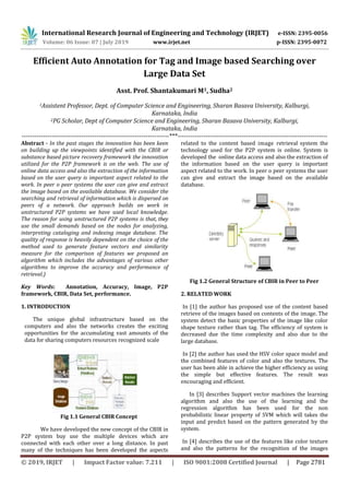 International Research Journal of Engineering and Technology (IRJET) e-ISSN: 2395-0056
Volume: 06 Issue: 07 | July 2019 www.irjet.net p-ISSN: 2395-0072
© 2019, IRJET | Impact Factor value: 7.211 | ISO 9001:2008 Certified Journal | Page 2781
Efficient Auto Annotation for Tag and Image based Searching over
Large Data Set
Asst. Prof. Shantakumari M1, Sudha2
1Assistent Professor, Dept. of Computer Science and Engineering, Sharan Basava University, Kalburgi,
Karnataka, India
2PG Scholar, Dept of Computer Science and Engineering, Sharan Basava University, Kalburgi,
Karnataka, India
---------------------------------------------------------------------***----------------------------------------------------------------------
Abstract - In the past stages the innovation has been keen
on building up the viewpoints identified with the CBIR or
substance based picture recovery framework the innovation
utilized for the P2P framework is on the web. The use of
online data access and also the extraction of the information
based on the user query is important aspect related to the
work. In peer o peer systems the user can give and extract
the image based on the available database. We consider the
searching and retrieval of information which is dispersed on
peers of a network. Our approach builds on work in
unstructured P2P systems we have used local knowledge.
The reason for using unstructured P2P systems is that, they
use the small demands based on the nodes for analyzing,
interpreting cataloging and indexing image database. The
quality of response is heavily dependent on the choice of the
method used to generate feature vectors and similarity
measure for the comparison of features we proposed an
algorithm which includes the advantages of various other
algorithms to improve the accuracy and performance of
retrieval.)
Key Words: Annotation, Accuracy, Image, P2P
framework, CBIR, Data Set, performance.
1. INTRODUCTION
The unique global infrastructure based on the
computers and also the networks creates the exciting
opportunities for the accumulating vast amounts of the
data for sharing computers resources recognized scale
Fig 1.1 General CBIR Concept
We have developed the new concept of the CBIR in
P2P system buy use the multiple devices which are
connected with each other over a long distance. In past
many of the techniques has been developed the aspects
related to the content based image retrieval system the
technology used for the P2P system is online. System is
developed the online data access and also the extraction of
the information based on the user query is important
aspect related to the work. In peer o peer systems the user
can give and extract the image based on the available
database.
Fig 1.2 General Structure of CBIR in Peer to Peer
2. RELATED WORK
In [1] the author has proposed use of the content based
retrieve of the images based on contents of the image. The
system detect the basic properties of the image like color
shape texture rather than tag. The efficiency of system is
decreased due the time complexity and also due to the
large database.
In [2] the author has used the HSV color space model and
the combined features of color and also the textures. The
user has been able in achieve the higher efficiency as using
the simple but effective features. The result was
encouraging and efficient.
In [3] describes Support vector machines the learning
algorithm and also the use of the learning and the
regression algorithm has been used for the non
probabilistic linear property of SVM which will takes the
input and predict based on the pattern generated by the
system.
In [4] describes the use of the features like color texture
and also the patterns for the recognition of the images
 