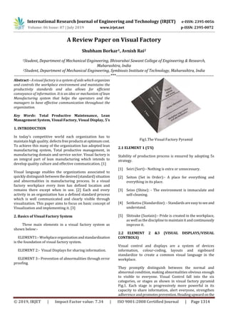 International Research Journal of Engineering and Technology (IRJET) e-ISSN: 2395-0056
Volume: 06 Issue: 07 | July 2019 www.irjet.net p-ISSN: 2395-0072
© 2019, IRJET | Impact Factor value: 7.34 | ISO 9001:2008 Certified Journal | Page 1314
A Review Paper on Visual Factory
Shubham Borkar1, Avnish Rai2
1Student, Department of Mechanical Engineering, Bhivarabai Sawant College of Engineering & Research,
Maharashtra, India
2Student, Department of Mechanical Engineering, Symbiosis Institute of Technology, Maharashtra, India
---------------------------------------------------------------------***----------------------------------------------------------------------
Abstract - A visual factory is a system of aids which organizes
and controls the workplace environment and maintains the
productivity standards and also allows for efficient
conveyance of information. It is an idea or mechanism of lean
Manufacturing system that helps the operators and the
managers to have effective communication throughout the
organization.
Key Words: Total Productive Maintenance, Lean
Management System, Visual Factory, Visual Display, 5’s
1. INTRODUCTION
In today’s competitive world each organization has to
maintain high quality, defects freeproductsatoptimumcost.
To achieve this many of the organization has adopted lean
manufacturing system, Total productive management, in
manufacturing domain and service sector. Visual factory is
an integral part of lean manufacturing which intends to
develop quality culture and effective communication. [1]
Visual language enables the organizations associated to
quickly distinguish between thedesired(standard)situation
and abnormalities in manufacturing process. In a visual
factory workplace every item has defined location and
remains there except when in use. [2] Each and every
activity in an organization has a defined standard process
which is well communicated and clearly visible through
visualization. This paper aims to focus on basic concept of
Visualization and implementing it. [3]
2. Basics of Visual Factory System
Three main elements in a visual factory system as
shown below:-
ELEMENT1:-Workplaceorganizationandstandardization
is the foundation of visual factory system.
ELEMENT 2:- Visual Displays for sharing information.
ELEMENT 3:- Prevention of abnormalities through error
proofing.
Fig1.The Visual Factory Pyramid
2.1 ELEMENT 1 (5’S)
Stability of production process is ensured by adopting 5s
strategy.
[1] Seiri (Sort):- Nothing is extra or unnecessary.
[2] Seiton (Set in Order):- A place for everything and
everything in its place.
[3] Seiso (Shine): - The environment is immaculate and
self-cleaning.
[4] Seitketsu (Standardize): - Standardsareeasytoseeand
understand.
[5] Shitsuke (Sustain):- Pride is created in the workplace,
as well as the discipline to maintain it andcontinuously
improve it.
2.2 ELEMENT 2 &3 (VISUAL DISPLAYS/VISUAL
CONTROLS)
Visual control and displays are a system of devices
information, colour-coding, layouts and signboard
standardize to create a common visual language in the
workplace.
They promptly distinguish between the normal and
abnormal condition, making abnormalities obvious enough
to visible to everyone. Visual Control fall into the six
categories, or stages as shown in visual factory pyramid
Fig.1. Each stage is progressively more powerful in its
capacity to share information, alert everyone, strengthen
adherence andpromotesprevention.Headingupwardon the
 
