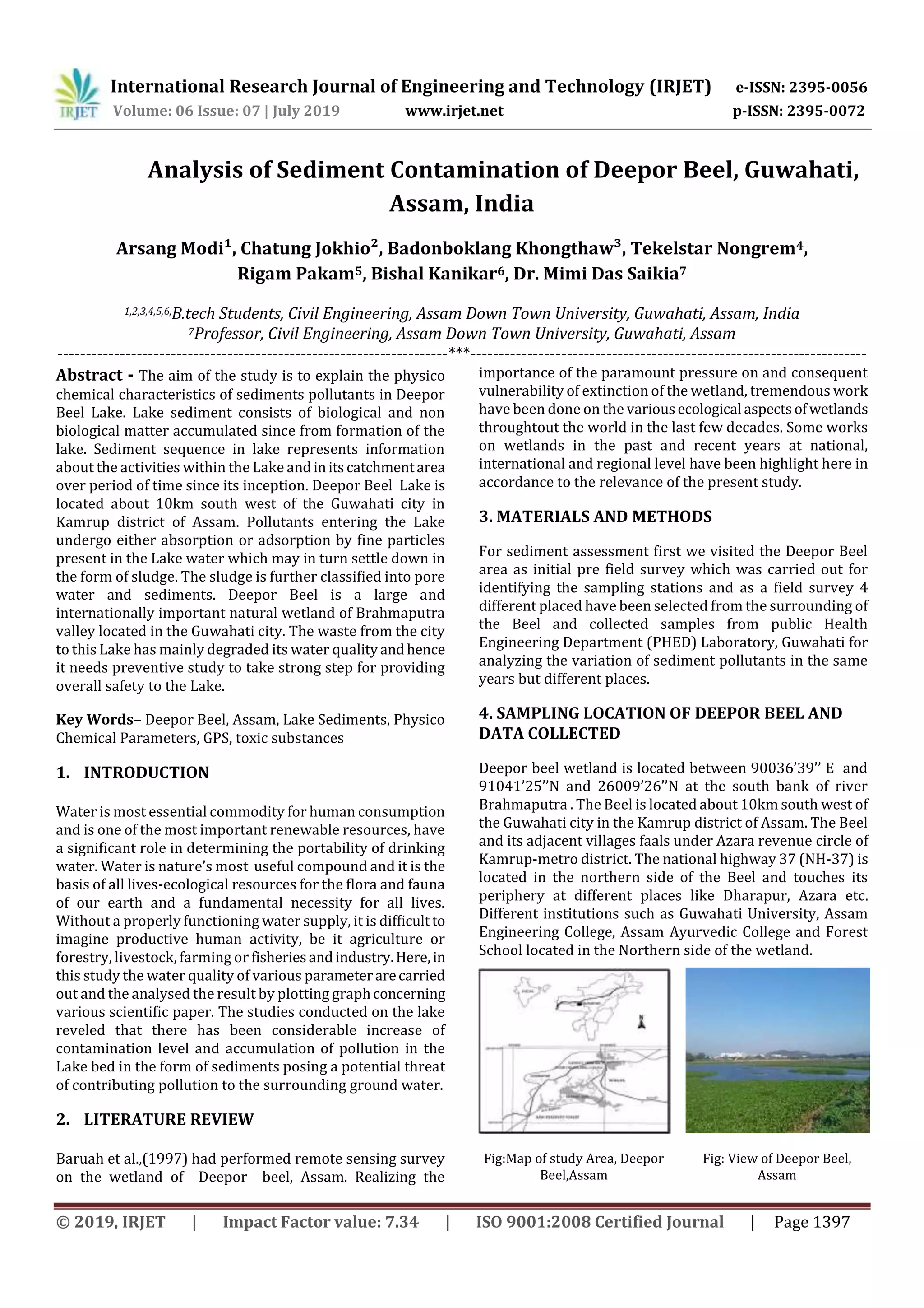 Deepor IRJET- Analysis of Sediment Contamination of Deepor Beel, Guwahati ...