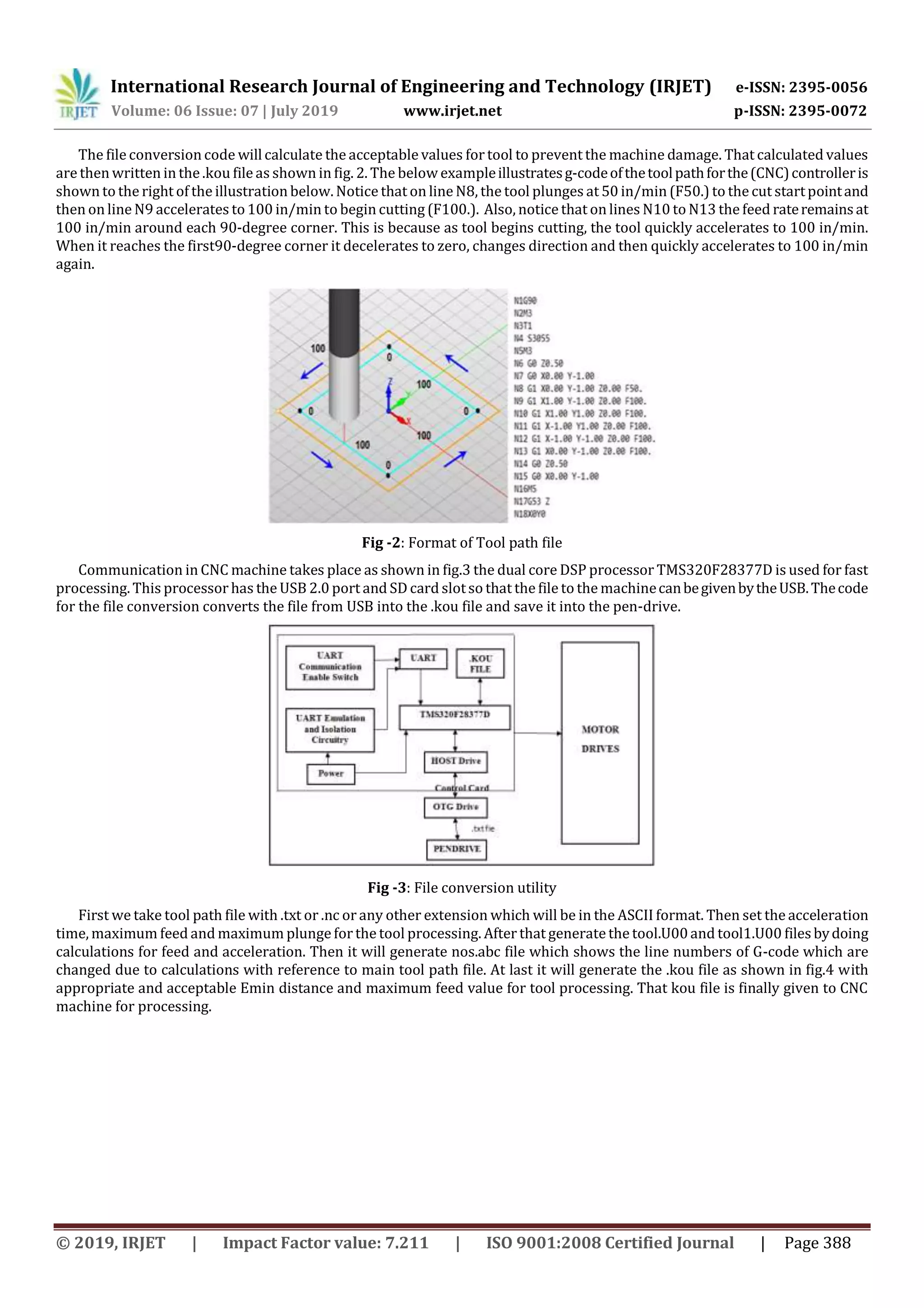 International Research Journal of Engineering and Technology (IRJET) e-ISSN: 2395-0056
Volume: 06 Issue: 07 | July 2019 www.irjet.net p-ISSN: 2395-0072
© 2019, IRJET | Impact Factor value: 7.211 | ISO 9001:2008 Certified Journal | Page 388
The file conversion code will calculate the acceptable values fortool to prevent the machine damage. That calculated values
are then written in the .kou file as shown in fig. 2. The below exampleillustratesg-codeofthetoolpathforthe(CNC)controlleris
shown to the right of the illustration below. Notice that on line N8, the tool plunges at 50 in/min (F50.) to the cut startpointand
then on line N9 accelerates to100 in/min to begin cutting (F100.). Also, notice that on lines N10 to N13 the feed rateremainsat
100 in/min around each 90-degree corner. This is because as tool begins cutting, the tool quickly accelerates to 100 in/min.
When it reaches the first90-degree corner it decelerates to zero, changes direction and then quickly accelerates to 100 in/min
again.
Fig -2: Format of Tool path file
Communication in CNC machine takes place as shown in fig.3 the dual core DSP processor TMS320F28377D is used for fast
processing. This processor has the USB 2.0 port and SD card slotso that the file to the machinecanbegivenbytheUSB.Thecode
for the file conversion converts the file from USB into the .kou file and save it into the pen-drive.
Fig -3: File conversion utility
First we take tool path file with .txt or .nc or any other extension which will be in the ASCII format. Then set the acceleration
time, maximum feed and maximum plungefor the tool processing. After that generatethe tool.U00and tool1.U00 filesbydoing
calculations for feed and acceleration. Then it will generate nos.abc file which shows the line numbers of G-code which are
changed due to calculations with reference to main tool path file. At last it will generate the .kou file as shown in fig.4 with
appropriate and acceptable Emin distance and maximum feed value for tool processing. That kou file is finally given to CNC
machine for processing.
 