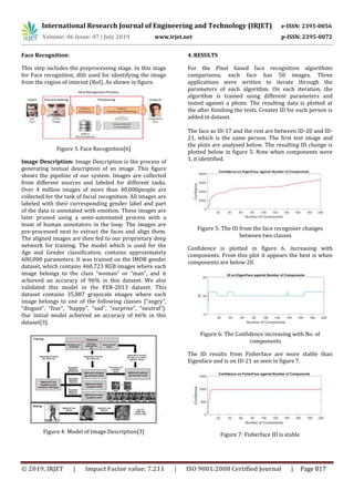 International Research Journal of Engineering and Technology (IRJET) e-ISSN: 2395-0056
Volume: 06 Issue: 07 | July 2019 www.irjet.net p-ISSN: 2395-0072
© 2019, IRJET | Impact Factor value: 7.211 | ISO 9001:2008 Certified Journal | Page 817
Face Recognition:
This step includes the preprocessing stage. In this stage
for Face recognition, dlib used for identifying the image
from the region of interest (RoI). As shown in figure.
Figure 3. Face Recognition[6]
Image Description: Image Description is the process of
generating textual description of an image. This figure
shows the pipeline of our system. Images are collected
from different sources and labeled for different tasks.
Over 4 million images of more than 40,000people are
collected for the task of facial recognition. All images are
labeled with their corresponding gender label and part
of the data is annotated with emotion. These images are
later pruned using a semi-automated process with a
team of human annotators in the loop. The images are
pre-processed next to extract the faces and align them.
The aligned images are then fed to our proprietary deep
network for training. The model which is used for the
Age and Gender classification, contains approximately
600,000 parameters. It was trained on the IMDB gender
dataset, which contains 460,723 RGB images where each
image belongs to the class “woman” or “man”, and it
achieved an accuracy of 96% in this dataset. We also
validated this model in the FER-2013 dataset. This
dataset contains 35,887 grayscale images where each
image belongs to one of the following classes {“angry”,
“disgust”, “fear”, “happy”, “sad”, “surprise”, “neutral”}.
Our initial model achieved an accuracy of 66% in this
dataset[3].
Figure 4: Model of Image Description[3]
4. RESULTS
For the Pixel based face recognition algorithms
comparisons, each face has 50 images. Three
applications were written to iterate through the
parameters of each algorithm. On each iteration, the
algorithm is trained using different parameters and
tested against a photo. The resulting data is plotted at
the after finishing the tests. Creates ID for each person is
added in dataset.
The face as ID-17 and the rest are between ID-20 and ID-
21, which is the same person. The first test image and
the plots are analysed below. The resulting ID change is
plotted below in figure 5. Note when components were
1, it identified.
Figure 5: The ID from the face recogniser changes
between two classes
Confidence is plotted in figure 6, increasing with
components. From this plot it appears the best is when
components are below 20.
Figure 6: The Confidence increasing with No. of
components
The ID results from Fisherface are more stable than
Eigenface and is on ID-21 as seen in figure 7.
Figure 7: Fisherface ID is stable
 