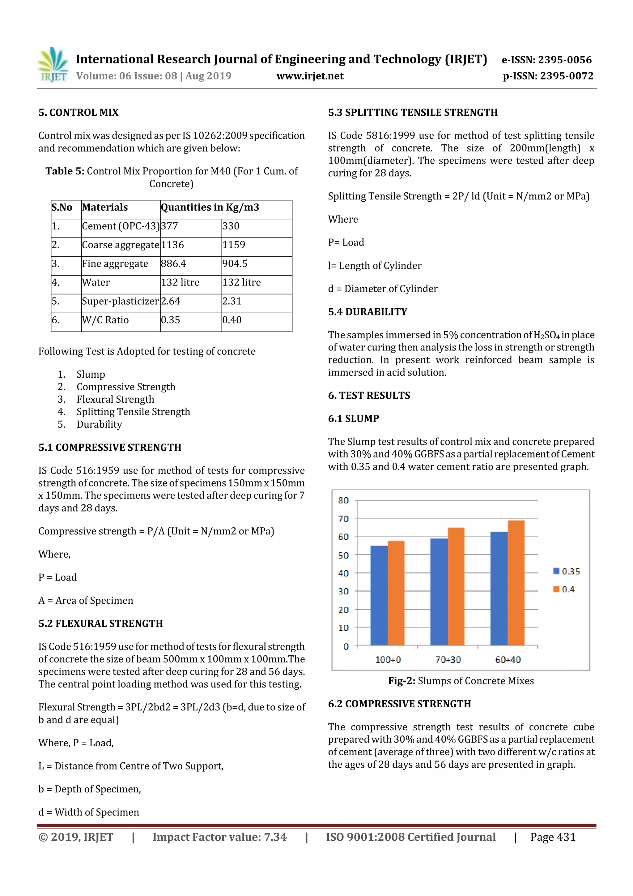 International Research Journal of Engineering and Technology (IRJET) e-ISSN: 2395-0056
Volume: 06 Issue: 08 | Aug 2019 www.irjet.net p-ISSN: 2395-0072
© 2019, IRJET | Impact Factor value: 7.34 | ISO 9001:2008 Certified Journal | Page 431
5. CONTROL MIX
Control mix was designed as per IS 10262:2009specification
and recommendation which are given below:
Table 5: Control Mix Proportion for M40 (For 1 Cum. of
Concrete)
S.No Materials Quantities in Kg/m3
1. Cement (OPC-43)377 330
2. Coarse aggregate1136 1159
3. Fine aggregate 886.4 904.5
4. Water 132 litre 132 litre
5. Super-plasticizer 2.64 2.31
6. W/C Ratio 0.35 0.40
Following Test is Adopted for testing of concrete
1. Slump
2. Compressive Strength
3. Flexural Strength
4. Splitting Tensile Strength
5. Durability
5.1 COMPRESSIVE STRENGTH
IS Code 516:1959 use for method of tests for compressive
strength of concrete. The sizeof specimens150mmx150mm
x 150mm. The specimens were tested after deep curing for 7
days and 28 days.
Compressive strength = P/A (Unit = N/mm2 or MPa)
Where,
P = Load
A = Area of Specimen
5.2 FLEXURAL STRENGTH
IS Code516:1959 use for methodoftestsforflexuralstrength
of concrete the size of beam 500mm x 100mm x 100mm.The
specimens were tested after deep curing for 28 and 56 days.
The central point loading method was used for this testing.
Flexural Strength = 3PL/2bd2 = 3PL/2d3 (b=d, due to size of
b and d are equal)
Where, P = Load,
L = Distance from Centre of Two Support,
b = Depth of Specimen,
d = Width of Specimen
5.3 SPLITTING TENSILE STRENGTH
IS Code 5816:1999 use for method of test splitting tensile
strength of concrete. The size of 200mm(length) x
100mm(diameter). The specimens were tested after deep
curing for 28 days.
Splitting Tensile Strength = 2P/ ld (Unit = N/mm2 or MPa)
Where
P= Load
l= Length of Cylinder
d = Diameter of Cylinder
5.4 DURABILITY
The samples immersed in 5% concentrationofH2SO4 inplace
of water curing then analysis the loss in strength or strength
reduction. In present work reinforced beam sample is
immersed in acid solution.
6. TEST RESULTS
6.1 SLUMP
The Slump test results of control mix and concrete prepared
with 30% and 40%GGBFSasapartialreplacementofCement
with 0.35 and 0.4 water cement ratio are presented graph.
Fig-2: Slumps of Concrete Mixes
6.2 COMPRESSIVE STRENGTH
The compressive strength test results of concrete cube
prepared with 30% and 40% GGBFSas a partial replacement
of cement (average of three) with two different w/c ratios at
the ages of 28 days and 56 days are presented in graph.
 