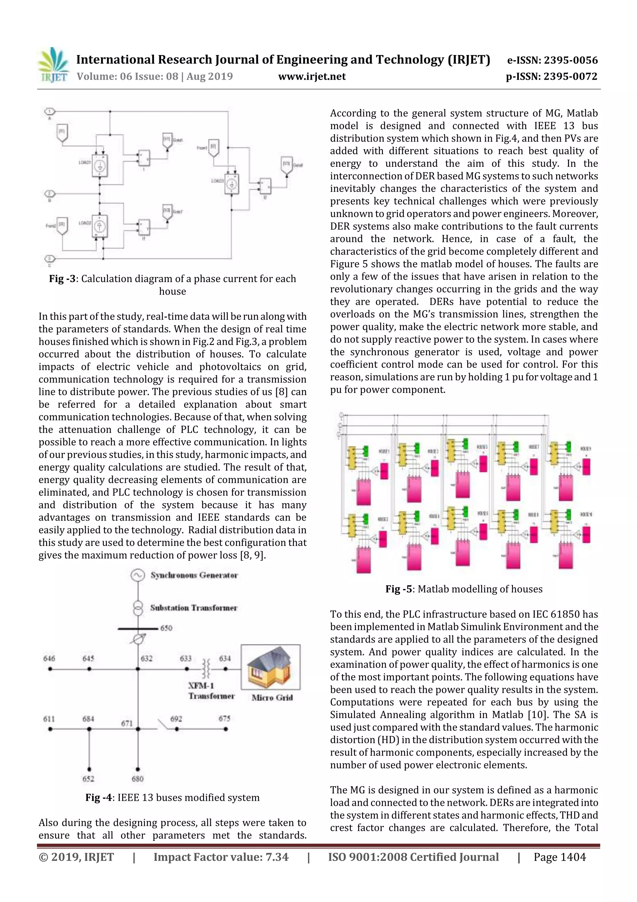 International Research Journal of Engineering and Technology (IRJET) e-ISSN: 2395-0056
Volume: 06 Issue: 08 | Aug 2019 www.irjet.net p-ISSN: 2395-0072
© 2019, IRJET | Impact Factor value: 7.34 | ISO 9001:2008 Certified Journal | Page 1404
Fig -3: Calculation diagram of a phase current for each
house
In this part of the study, real-time data will berunalong with
the parameters of standards. When the design of real time
houses finished which is shown in Fig.2 and Fig.3, a problem
occurred about the distribution of houses. To calculate
impacts of electric vehicle and photovoltaics on grid,
communication technology is required for a transmission
line to distribute power. The previous studies of us [8] can
be referred for a detailed explanation about smart
communication technologies. Because of that, when solving
the attenuation challenge of PLC technology, it can be
possible to reach a more effective communication. In lights
of our previous studies, in this study, harmonic impacts, and
energy quality calculations are studied. The result of that,
energy quality decreasing elements of communication are
eliminated, and PLC technology is chosen for transmission
and distribution of the system because it has many
advantages on transmission and IEEE standards can be
easily applied to the technology. Radial distribution data in
this study are used to determine the best configuration that
gives the maximum reduction of power loss [8, 9].
Fig -4: IEEE 13 buses modified system
Also during the designing process, all steps were taken to
ensure that all other parameters met the standards.
According to the general system structure of MG, Matlab
model is designed and connected with IEEE 13 bus
distribution system which shown in Fig.4, and then PVs are
added with different situations to reach best quality of
energy to understand the aim of this study. In the
interconnection of DER based MG systems to such networks
inevitably changes the characteristics of the system and
presents key technical challenges which were previously
unknown to grid operators and power engineers. Moreover,
DER systems also make contributions to the fault currents
around the network. Hence, in case of a fault, the
characteristics of the grid become completely different and
Figure 5 shows the matlab model of houses. The faults are
only a few of the issues that have arisen in relation to the
revolutionary changes occurring in the grids and the way
they are operated. DERs have potential to reduce the
overloads on the MG’s transmission lines, strengthen the
power quality, make the electric network more stable, and
do not supply reactive power to the system. In cases where
the synchronous generator is used, voltage and power
coefficient control mode can be used for control. For this
reason, simulations are run by holding 1 puforvoltageand1
pu for power component.
Fig -5: Matlab modelling of houses
To this end, the PLC infrastructure based on IEC 61850 has
been implemented in Matlab Simulink Environment and the
standards are applied to all the parameters of the designed
system. And power quality indices are calculated. In the
examination of power quality, the effect of harmonics is one
of the most important points. The following equations have
been used to reach the power quality results in the system.
Computations were repeated for each bus by using the
Simulated Annealing algorithm in Matlab [10]. The SA is
used just compared with the standard values. The harmonic
distortion (HD) in the distribution system occurred withthe
result of harmonic components, especially increased by the
number of used power electronic elements.
The MG is designed in our system is defined as a harmonic
load and connected to the network. DERs are integratedinto
the system in different states and harmonic effects, THDand
crest factor changes are calculated. Therefore, the Total
 