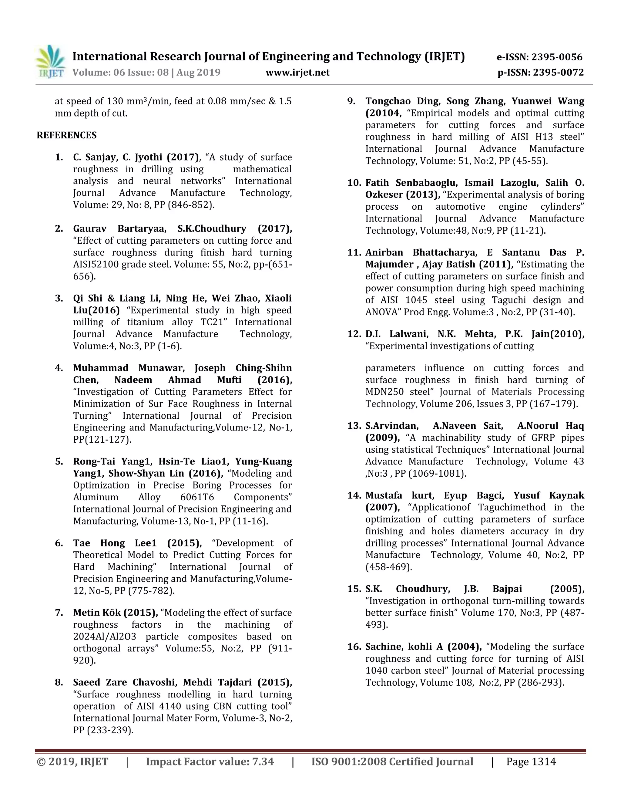 International Research Journal of Engineering and Technology (IRJET) e-ISSN: 2395-0056
Volume: 06 Issue: 08 | Aug 2019 www.irjet.net p-ISSN: 2395-0072
© 2019, IRJET | Impact Factor value: 7.34 | ISO 9001:2008 Certified Journal | Page 1314
at speed of 130 mm3/min, feed at 0.08 mm/sec & 1.5
mm depth of cut.
REFERENCES
1. C. Sanjay, C. Jyothi (2017), “A study of surface
roughness in drilling using mathematical
analysis and neural networks” International
Journal Advance Manufacture Technology,
Volume: 29, No: 8, PP (846-852).
2. Gaurav Bartaryaa, S.K.Choudhury (2017),
“Effect of cutting parameters on cutting force and
surface roughness during finish hard turning
AISI52100 grade steel. Volume: 55, No:2, pp-(651-
656).
3. Qi Shi & Liang Li, Ning He, Wei Zhao, Xiaoli
Liu(2016) “Experimental study in high speed
milling of titanium alloy TC21” International
Journal Advance Manufacture Technology,
Volume:4, No:3, PP (1-6).
4. Muhammad Munawar, Joseph Ching-Shihn
Chen, Nadeem Ahmad Mufti (2016),
“Investigation of Cutting Parameters Effect for
Minimization of Sur Face Roughness in Internal
Turning” International Journal of Precision
Engineering and Manufacturing,Volume-12, No-1,
PP(121-127).
5. Rong-Tai Yang1, Hsin-Te Liao1, Yung-Kuang
Yang1, Show-Shyan Lin (2016), “Modeling and
Optimization in Precise Boring Processes for
Aluminum Alloy 6061T6 Components”
International Journal of Precision Engineering and
Manufacturing, Volume-13, No-1, PP (11-16).
6. Tae Hong Lee1 (2015), “Development of
Theoretical Model to Predict Cutting Forces for
Hard Machining” International Journal of
Precision Engineering and Manufacturing,Volume-
12, No-5, PP (775-782).
7. Metin Kök (2015), “Modeling the effect of surface
roughness factors in the machining of
2024Al/Al2O3 particle composites based on
orthogonal arrays” Volume:55, No:2, PP (911-
920).
8. Saeed Zare Chavoshi, Mehdi Tajdari (2015),
“Surface roughness modelling in hard turning
operation of AISI 4140 using CBN cutting tool”
International Journal Mater Form, Volume-3, No-2,
PP (233-239).
9. Tongchao Ding, Song Zhang, Yuanwei Wang
(20104, “Empirical models and optimal cutting
parameters for cutting forces and surface
roughness in hard milling of AISI H13 steel”
International Journal Advance Manufacture
Technology, Volume: 51, No:2, PP (45-55).
10. Fatih Senbabaoglu, Ismail Lazoglu, Salih O.
Ozkeser (2013), “Experimental analysis of boring
process on automotive engine cylinders”
International Journal Advance Manufacture
Technology, Volume:48, No:9, PP (11-21).
11. Anirban Bhattacharya, E Santanu Das P.
Majumder , Ajay Batish (2011), “Estimating the
effect of cutting parameters on surface finish and
power consumption during high speed machining
of AISI 1045 steel using Taguchi design and
ANOVA” Prod Engg. Volume:3 , No:2, PP (31-40).
12. D.I. Lalwani, N.K. Mehta, P.K. Jain(2010),
“Experimental investigations of cutting
parameters influence on cutting forces and
surface roughness in finish hard turning of
MDN250 steel” Journal of Materials Processing
Technology, Volume 206, Issues 3, PP (167–179).
13. S.Arvindan, A.Naveen Sait, A.Noorul Haq
(2009), “A machinability study of GFRP pipes
using statistical Techniques” International Journal
Advance Manufacture Technology, Volume 43
,No:3 , PP (1069-1081).
14. Mustafa kurt, Eyup Bagci, Yusuf Kaynak
(2007), “Applicationof Taguchimethod in the
optimization of cutting parameters of surface
finishing and holes diameters accuracy in dry
drilling processes” International Journal Advance
Manufacture Technology, Volume 40, No:2, PP
(458-469).
15. S.K. Choudhury, J.B. Bajpai (2005),
“Investigation in orthogonal turn-milling towards
better surface finish” Volume 170, No:3, PP (487-
493).
16. Sachine, kohli A (2004), “Modeling the surface
roughness and cutting force for turning of AISI
1040 carbon steel” Journal of Material processing
Technology, Volume 108, No:2, PP (286-293).
 