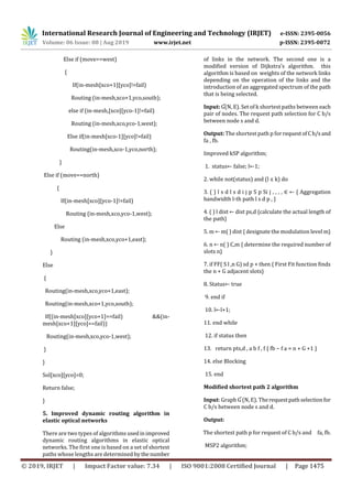 International Research Journal of Engineering and Technology (IRJET) e-ISSN: 2395-0056
Volume: 06 Issue: 08 | Aug 2019 www.irjet.net p-ISSN: 2395-0072
© 2019, IRJET | Impact Factor value: 7.34 | ISO 9001:2008 Certified Journal | Page 1475
Else if (move==west)
{
If(in-mesh[xco+1][yco]!=fail)
Routing (in-mesh,xco+1,yco,south);
else if (in-mesh,[xco][yco-1]!=fail)
Routing (in-mesh,xco,yco-1,west);
Else if(in-mesh[xco-1][yco]!=fail)
Routing(in-mesh,xco-1,yco,north);
}
Else if (move==north)
{
If(in-mesh[xco][yco-1]!=fail)
Routing (in-mesh,xco,yco-1,west);
Else
Routing (in-mesh,xco,yco+1,east);
}
Else
{
Routing(in-mesh,xco,yco+1,east);
Routing(in-mesh,xco+1,yco,south);
If((in-mesh[xco][yco+1]==fail) &&(in-
mesh[xco+1][yco]==fail))
Routing(in-mesh,xco,yco-1,west);
}
}
Sol[xco][yco]=0;
Return false;
}
5. Improved dynamic routing algorithm in
elastic optical networks
There are two types of algorithms usedinimproved
dynamic routing algorithms in elastic optical
networks. The first one is based on a set of shortest
paths whose lengths are determined bythe number
of links in the network. The second one is a
modified version of Dijkstra’s algorithm. this
algorithm is based on weights of the network links
depending on the operation of the links and the
introduction of an aggregated spectrum of the path
that is being selected.
Input: Ɠ(N, E). Set of k shortest paths between each
pair of nodes. The request path selection for C b/s
between node s and d.
Output: The shortest path p forrequestofCb/sand
fa , fb.
Improved kSP algorithm;
1. status← false; l←1;
2. while not(status) and (l ≤ k) do
3. ( ) l s d l s d i j p S p Si j , , , , ∈ ← { Aggregation
bandwidth l-th path l s d p , }
4. ( ) l dist ← dist ps,d {calculate the actual length of
the path}
5. m ← m( ) dist { designate the modulation level m}
6. n ← n( ) C,m { determine the required number of
slots n}
7. if FF( S l ,n G) sd p + then { First Fit function finds
the n + G adjacent slots}
8. Status← true
9. end if
10. l←l+1;
11. end while
12. if status then
13. return pts,d , a b f , f { fb − f a = n + G +1 }
14. else Blocking
15. end
Modified shortest path 2 algorithm
Input: Graph Ɠ (N, E). Therequestpathselectionfor
C b/s between node s and d.
Output:
The shortest path p for request of C b/s and fa, fb.
MSP2 algorithm;
 