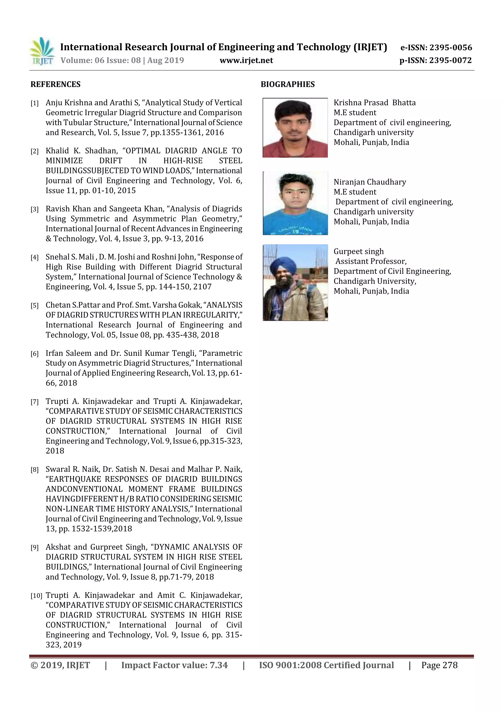 International Research Journal of Engineering and Technology (IRJET) e-ISSN: 2395-0056
Volume: 06 Issue: 08 | Aug 2019 www.irjet.net p-ISSN: 2395-0072
© 2019, IRJET | Impact Factor value: 7.34 | ISO 9001:2008 Certified Journal | Page 278
REFERENCES
[1] Anju Krishna and Arathi S, “Analytical Study of Vertical
Geometric Irregular Diagrid Structure and Comparison
with Tubular Structure,”International Journal ofScience
and Research, Vol. 5, Issue 7, pp.1355-1361, 2016
[2] Khalid K. Shadhan, “OPTIMAL DIAGRID ANGLE TO
MINIMIZE DRIFT IN HIGH-RISE STEEL
BUILDINGSSUBJECTED TO WINDLOADS,”International
Journal of Civil Engineering and Technology, Vol. 6,
Issue 11, pp. 01-10, 2015
[3] Ravish Khan and Sangeeta Khan, “Analysis of Diagrids
Using Symmetric and Asymmetric Plan Geometry,”
International Journal of RecentAdvancesinEngineering
& Technology, Vol. 4, Issue 3, pp. 9-13, 2016
[4] Snehal S. Mali , D. M. Joshi and Roshni John, “Responseof
High Rise Building with Different Diagrid Structural
System,” International Journal of Science Technology &
Engineering, Vol. 4, Issue 5, pp. 144-150, 2107
[5] Chetan S.Pattar and Prof. Smt. Varsha Gokak,“ANALYSIS
OFDIAGRIDSTRUCTURESWITH PLAN IRREGULARITY,”
International Research Journal of Engineering and
Technology, Vol. 05, Issue 08, pp. 435-438, 2018
[6] Irfan Saleem and Dr. Sunil Kumar Tengli, “Parametric
Study on Asymmetric Diagrid Structures,” International
Journal of Applied Engineering Research,Vol.13,pp.61-
66, 2018
[7] Trupti A. Kinjawadekar and Trupti A. Kinjawadekar,
“COMPARATIVE STUDY OF SEISMIC CHARACTERISTICS
OF DIAGRID STRUCTURAL SYSTEMS IN HIGH RISE
CONSTRUCTION,” International Journal of Civil
Engineering and Technology, Vol.9,Issue6,pp.315-323,
2018
[8] Swaral R. Naik, Dr. Satish N. Desai and Malhar P. Naik,
“EARTHQUAKE RESPONSES OF DIAGRID BUILDINGS
ANDCONVENTIONAL MOMENT FRAME BUILDINGS
HAVINGDIFFERENTH/BRATIOCONSIDERINGSEISMIC
NON-LINEAR TIME HISTORY ANALYSIS,” International
Journal of Civil EngineeringandTechnology,Vol.9,Issue
13, pp. 1532-1539,2018
[9] Akshat and Gurpreet Singh, “DYNAMIC ANALYSIS OF
DIAGRID STRUCTURAL SYSTEM IN HIGH RISE STEEL
BUILDINGS,” International Journal of Civil Engineering
and Technology, Vol. 9, Issue 8, pp.71-79, 2018
[10] Trupti A. Kinjawadekar and Amit C. Kinjawadekar,
“COMPARATIVE STUDY OF SEISMIC CHARACTERISTICS
OF DIAGRID STRUCTURAL SYSTEMS IN HIGH RISE
CONSTRUCTION,” International Journal of Civil
Engineering and Technology, Vol. 9, Issue 6, pp. 315-
323, 2019
BIOGRAPHIES
Krishna Prasad Bhatta
M.E student
Department of civil engineering,
Chandigarh university
Mohali, Punjab, India
Niranjan Chaudhary
M.E student
Department of civil engineering,
Chandigarh university
Mohali, Punjab, India
Gurpeet singh
Assistant Professor,
Department of Civil Engineering,
Chandigarh University,
Mohali, Punjab, India
 