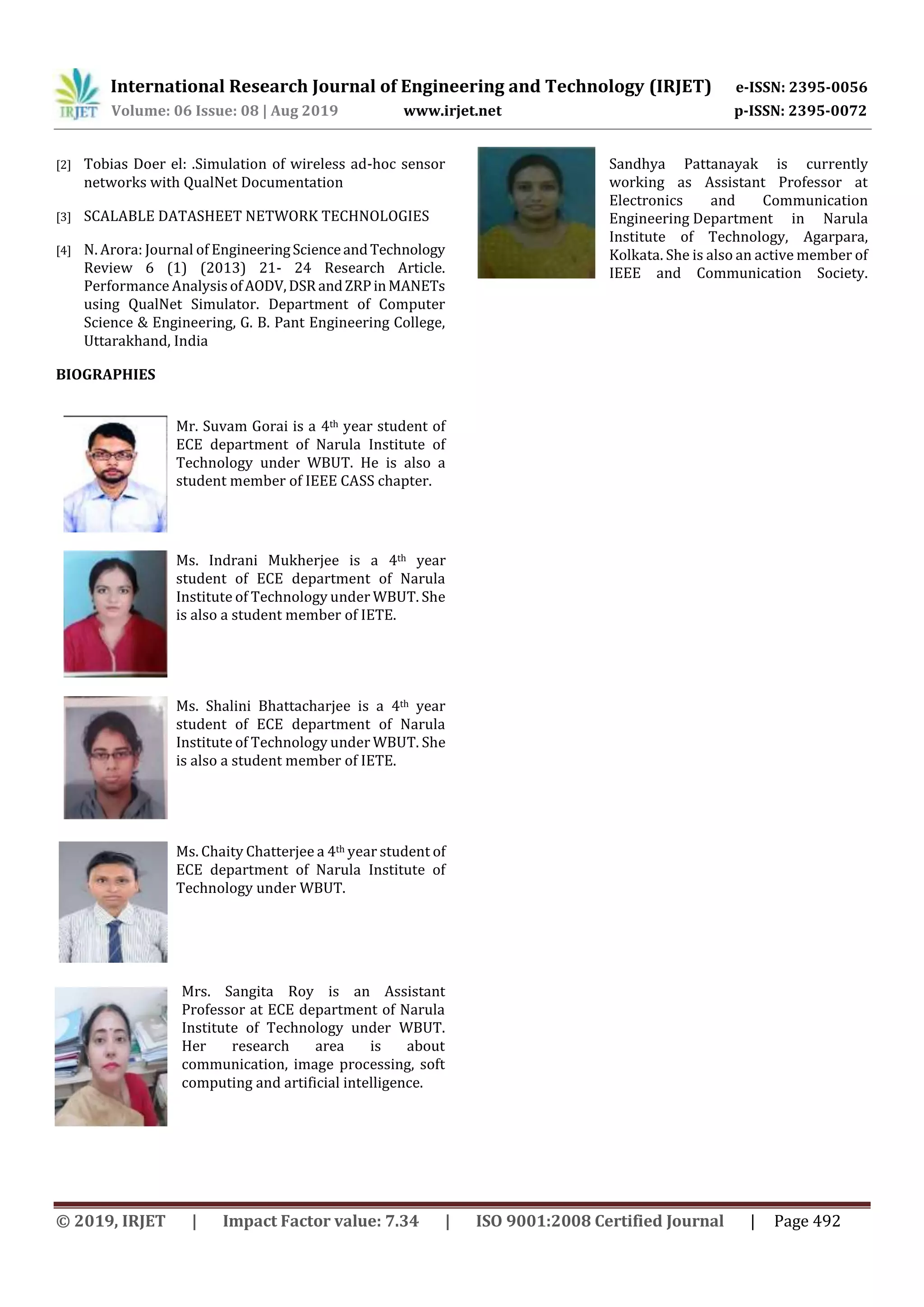 International Research Journal of Engineering and Technology (IRJET) e-ISSN: 2395-0056
Volume: 06 Issue: 08 | Aug 2019 www.irjet.net p-ISSN: 2395-0072
© 2019, IRJET | Impact Factor value: 7.34 | ISO 9001:2008 Certified Journal | Page 492
[2] Tobias Doer el: .Simulation of wireless ad-hoc sensor
networks with QualNet Documentation
[3] SCALABLE DATASHEET NETWORK TECHNOLOGIES
[4] N. Arora: Journal of EngineeringScienceandTechnology
Review 6 (1) (2013) 21- 24 Research Article.
Performance AnalysisofAODV,DSR andZRPinMANETs
using QualNet Simulator. Department of Computer
Science & Engineering, G. B. Pant Engineering College,
Uttarakhand, India
BIOGRAPHIES
Mr. Suvam Gorai is a 4th year student of
ECE department of Narula Institute of
Technology under WBUT. He is also a
student member of IEEE CASS chapter.
Ms. Indrani Mukherjee is a 4th year
student of ECE department of Narula
Institute of Technology under WBUT. She
is also a student member of IETE.
Ms. Shalini Bhattacharjee is a 4th year
student of ECE department of Narula
Institute of Technology under WBUT. She
is also a student member of IETE.
Ms. Chaity Chatterjee a 4th year student of
ECE department of Narula Institute of
Technology under WBUT.
Mrs. Sangita Roy is an Assistant
Professor at ECE department of Narula
Institute of Technology under WBUT.
Her research area is about
communication, image processing, soft
computing and artificial intelligence.
Sandhya Pattanayak is currently
working as Assistant Professor at
Electronics and Communication
Engineering Department in Narula
Institute of Technology, Agarpara,
Kolkata. She is also an active member of
IEEE and Communication Society.
 