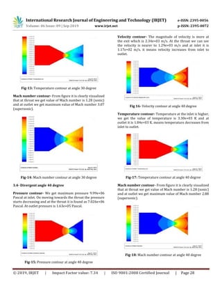 International Research Journal of Engineering and Technology (IRJET) e-ISSN: 2395-0056
Volume: 06 Issue: 09 | Sep 2019 www.irjet.net p-ISSN: 2395-0072
© 2019, IRJET | Impact Factor value: 7.34 | ISO 9001:2008 Certified Journal | Page 28
Fig-13: Temperature contour at angle 30 degree
Mach number contour- From figure it is clearly visualized
that at throat we get value of Mach number is 1.28 (sonic)
and at outlet we get maximum value of Mach number 3.07
(supersonic).
Fig-14: Mach number contour at angle 30 degree
3.4- Divergent angle 40 degree
Pressure contour- We get maximum pressure 9.99e+06
Pascal at inlet. On moving towards the throat the pressure
starts decreasing and at the throat it is found as 7.026e+06
Pascal. At outlet pressure is 1.63e+05 Pascal.
Fig-15: Pressure contour at angle 40 degree
Velocity contour- The magnitude of velocity is more at
the exit which is 2.34e+03 m/s. At the throat we can see
the velocity is nearer to 1.29e+03 m/s and at inlet it is
1.17e+02 m/s. it means velocity increases from inlet to
outlet.
Fig 16- Velocity contour at angle 40 degree
Temperature contour- Temperature at the inlet is higher,
we get the value of temperature is 3.30e+03 K and at
outlet it is 1.84e+03 K. means temperature decreases from
inlet to outlet.
Fig-17: Temperature contour at angle 40 degree
Mach number contour- From figure it is clearly visualized
that at throat we get value of Mach number is 1.28 (sonic)
and at outlet we get maximum value of Mach number 2.88
(supersonic).
Fig-18: Mach number contour at angle 40 degree
 