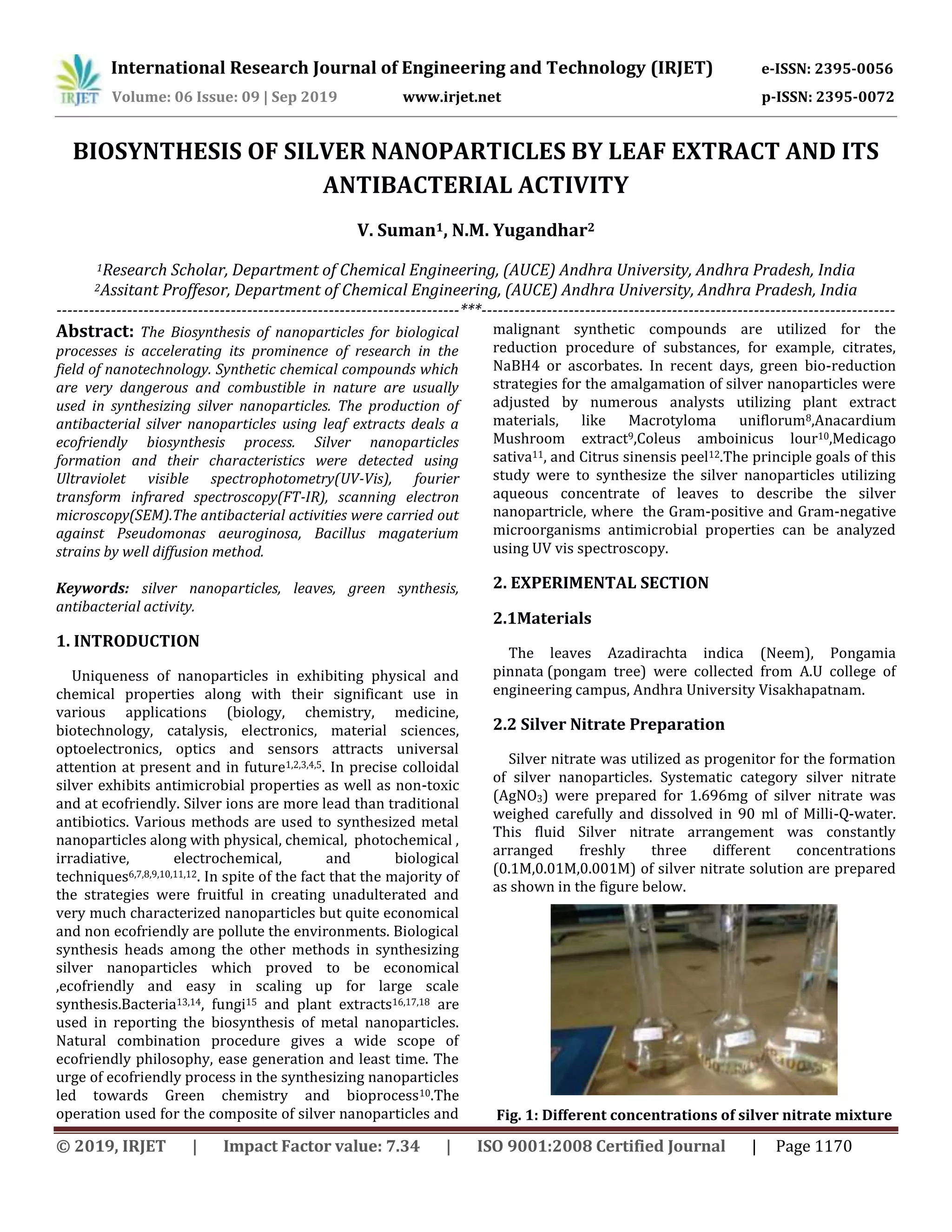 IRJET- Biosynthesis of Silver Nanoparticles by Leaf Extract and its ...