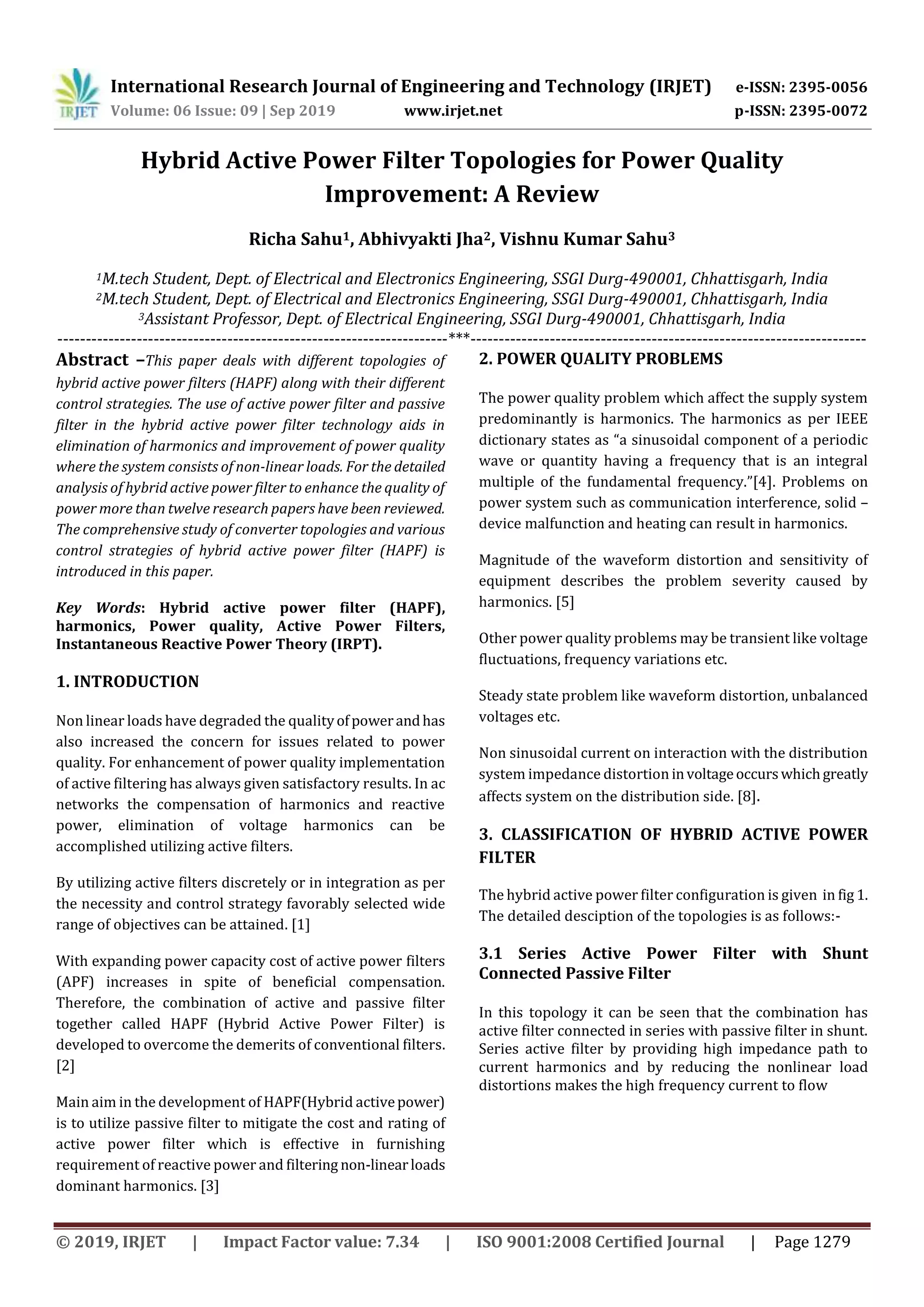 IRJET- Hybrid Active Power Filter Topologies for Power Quality ...