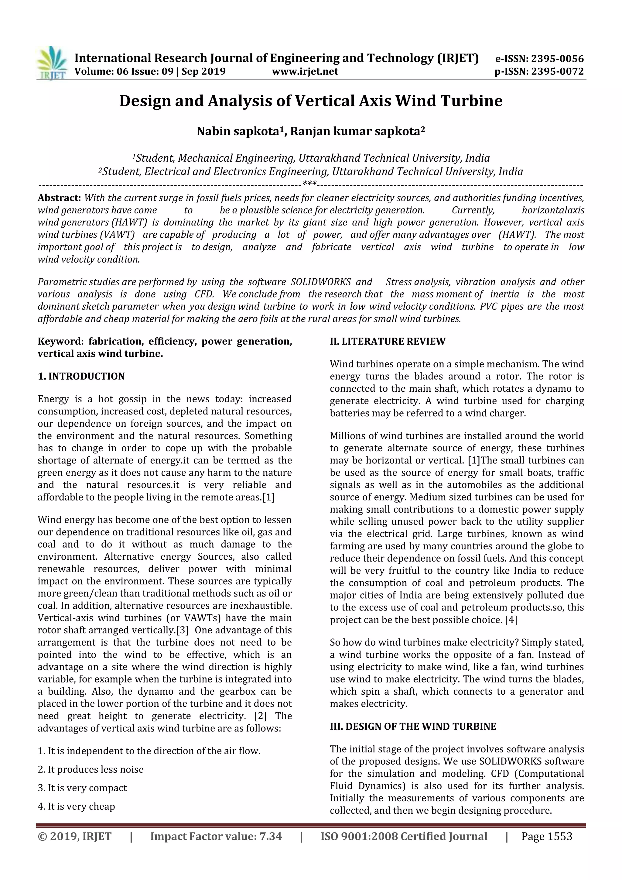 IRJET- Design and Analysis of Vertical Axis Wind Turbine | PDF