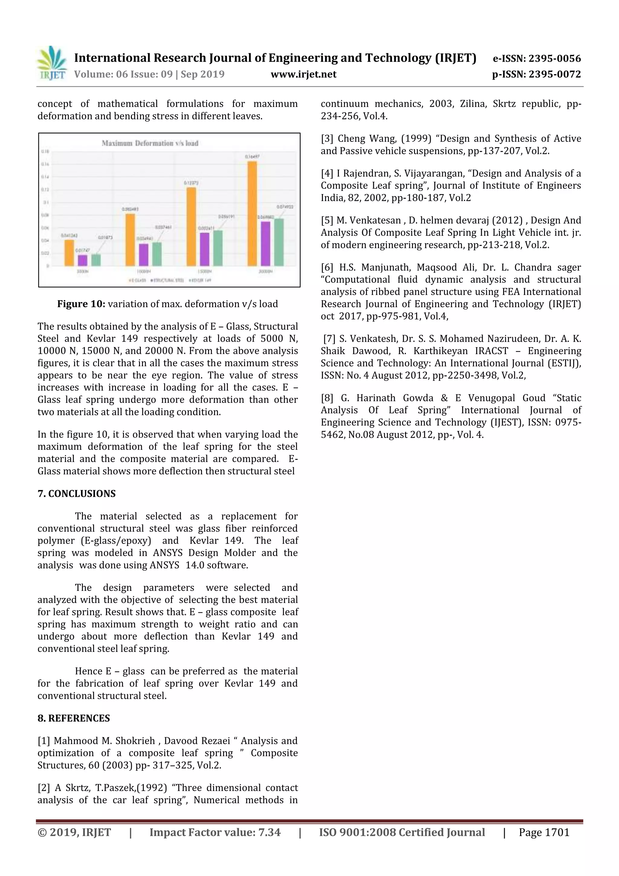 International Research Journal of Engineering and Technology (IRJET) e-ISSN: 2395-0056
Volume: 06 Issue: 09 | Sep 2019 www.irjet.net p-ISSN: 2395-0072
© 2019, IRJET | Impact Factor value: 7.34 | ISO 9001:2008 Certified Journal | Page 1701
concept of mathematical formulations for maximum
deformation and bending stress in different leaves.
Figure 10: variation of max. deformation v/s load
The results obtained by the analysis of E – Glass, Structural
Steel and Kevlar 149 respectively at loads of 5000 N,
10000 N, 15000 N, and 20000 N. From the above analysis
figures, it is clear that in all the cases the maximum stress
appears to be near the eye region. The value of stress
increases with increase in loading for all the cases. E –
Glass leaf spring undergo more deformation than other
two materials at all the loading condition.
In the figure 10, it is observed that when varying load the
maximum deformation of the leaf spring for the steel
material and the composite material are compared. E-
Glass material shows more deflection then structural steel
7. CONCLUSIONS
The material selected as a replacement for
conventional structural steel was glass fiber reinforced
polymer0(E-glass/epoxy) and Kevlar0149. The leaf
spring0was modeled in ANSYS Design Molder and the
analysis0was done using ANSYS014.0 software.
The design parameters were0selected and
analyzed with the objective of0selecting the best material
for leaf spring. Result shows that. E – glass composite0leaf
spring has maximum strength to0weight ratio and can
undergo about more deflection than Kevlar 149 and
conventional steel leaf spring.
Hence E – glass0can be preferred as0the material
for the fabrication of leaf spring over Kevlar 149 and
conventional structural steel.
8. REFERENCES
[1] Mahmood M. Shokrieh , Davood Rezaei “ Analysis and
optimization of a composite leaf spring ” Composite
Structures, 60 (2003) pp- 317–325, Vol.2.
[2] A Skrtz, T.Paszek,(1992) “Three dimensional contact
analysis of the car leaf spring”, Numerical methods in
continuum mechanics, 2003, Zilina, Skrtz republic, pp-
234-256, Vol.4.
[3] Cheng Wang, (1999) “Design and Synthesis of Active
and Passive vehicle suspensions, pp-137-207, Vol.2.
[4] I Rajendran, S. Vijayarangan, “Design and Analysis of a
Composite Leaf spring”, Journal of Institute of Engineers
India, 82, 2002, pp-180-187, Vol.2
[5] M. Venkatesan , D. helmen devaraj (2012) , Design And
Analysis Of Composite Leaf Spring In Light Vehicle int. jr.
of modern engineering research, pp-213-218, Vol.2.
[6] H.S. Manjunath, Maqsood Ali, Dr. L. Chandra sager
“Computational fluid dynamic analysis and structural
analysis of ribbed panel structure using FEA International
Research Journal of Engineering and Technology (IRJET)
oct 2017, pp-975-981, Vol.4,
[7] S. Venkatesh, Dr. S. S. Mohamed Nazirudeen, Dr. A. K.
Shaik Dawood, R. Karthikeyan IRACST – Engineering
Science and Technology: An International Journal (ESTIJ),
ISSN: No. 4 August 2012, pp-2250-3498, Vol.2,
[8] G. Harinath Gowda & E Venugopal Goud “Static
Analysis Of Leaf Spring” International Journal of
Engineering Science and Technology (IJEST), ISSN: 0975-
5462, No.08 August 2012, pp-, Vol. 4.
 