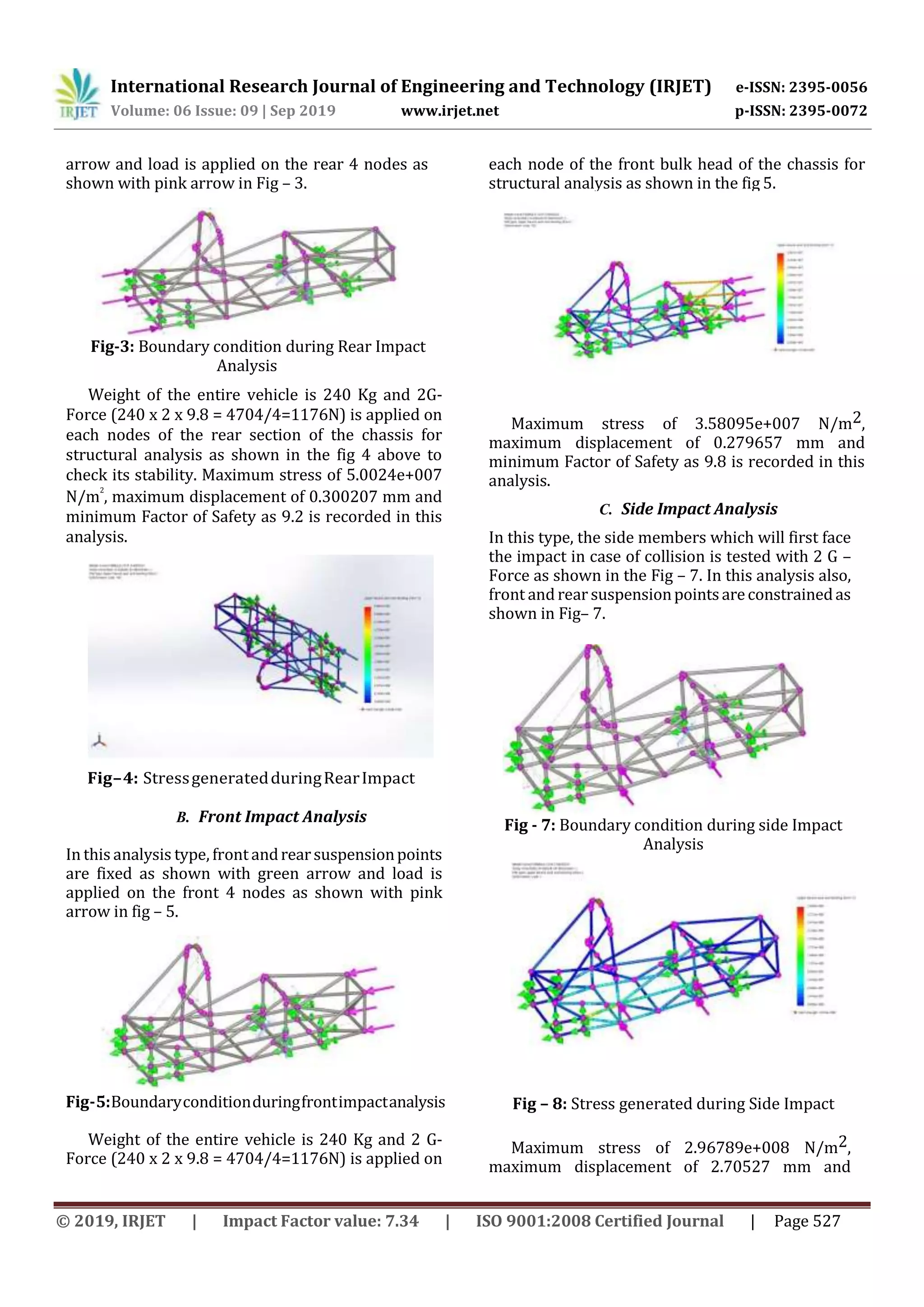 International Research Journal of Engineering and Technology (IRJET) e-ISSN: 2395-0056
Volume: 06 Issue: 09 | Sep 2019 www.irjet.net p-ISSN: 2395-0072
© 2019, IRJET | Impact Factor value: 7.34 | ISO 9001:2008 Certified Journal | Page 527
arrow and load is applied on the rear 4 nodes as
shown with pink arrow in Fig – 3.
Fig-3: Boundary condition during Rear Impact
Analysis
Weight of the entire vehicle is 240 Kg and 2G-
Force (240 x 2 x 9.8 = 4704/4=1176N) is applied on
each nodes of the rear section of the chassis for
structural analysis as shown in the fig 4 above to
check its stability. Maximum stress of 5.0024e+007
N/m
2
, maximum displacement of 0.300207 mm and
minimum Factor of Safety as 9.2 is recorded in this
analysis.
Fig–4: StressgeneratedduringRearImpact
B. Front Impact Analysis
In this analysis type, front andrearsuspensionpoints
are fixed as shown with green arrow and load is
applied on the front 4 nodes as shown with pink
arrow in fig – 5.
Fig-5:Boundaryconditionduringfrontimpactanalysis
Weight of the entire vehicle is 240 Kg and 2 G-
Force (240 x 2 x 9.8 = 4704/4=1176N) is applied on
each node of the front bulk head of the chassis for
structural analysis as shown in the fig 5.
Fig–6:StressgeneratedduringFrontImpact
Maximum stress of 3.58095e+007 N/m2,
maximum displacement of 0.279657 mm and
minimum Factor of Safety as 9.8 is recorded in this
analysis.
C. Side Impact Analysis
In this type, the side members which will first face
the impact in case of collision is tested with 2 G –
Force as shown in the Fig – 7. In this analysis also,
front and rear suspensionpointsareconstrainedas
shown in Fig– 7.
Fig - 7: Boundary condition during side Impact
Analysis
Fig – 8: Stress generated during Side Impact
Maximum stress of 2.96789e+008 N/m2,
maximum displacement of 2.70527 mm and
 
